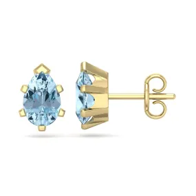 1 1/2 Carat Pear Shape Aquamarine Stud Earrings In 14K Yellow Gold Over Sterling Silver