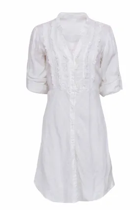 120% Lino - White Long Sleeve Linen Dress w/ Sparkle Middle Front Sz 8