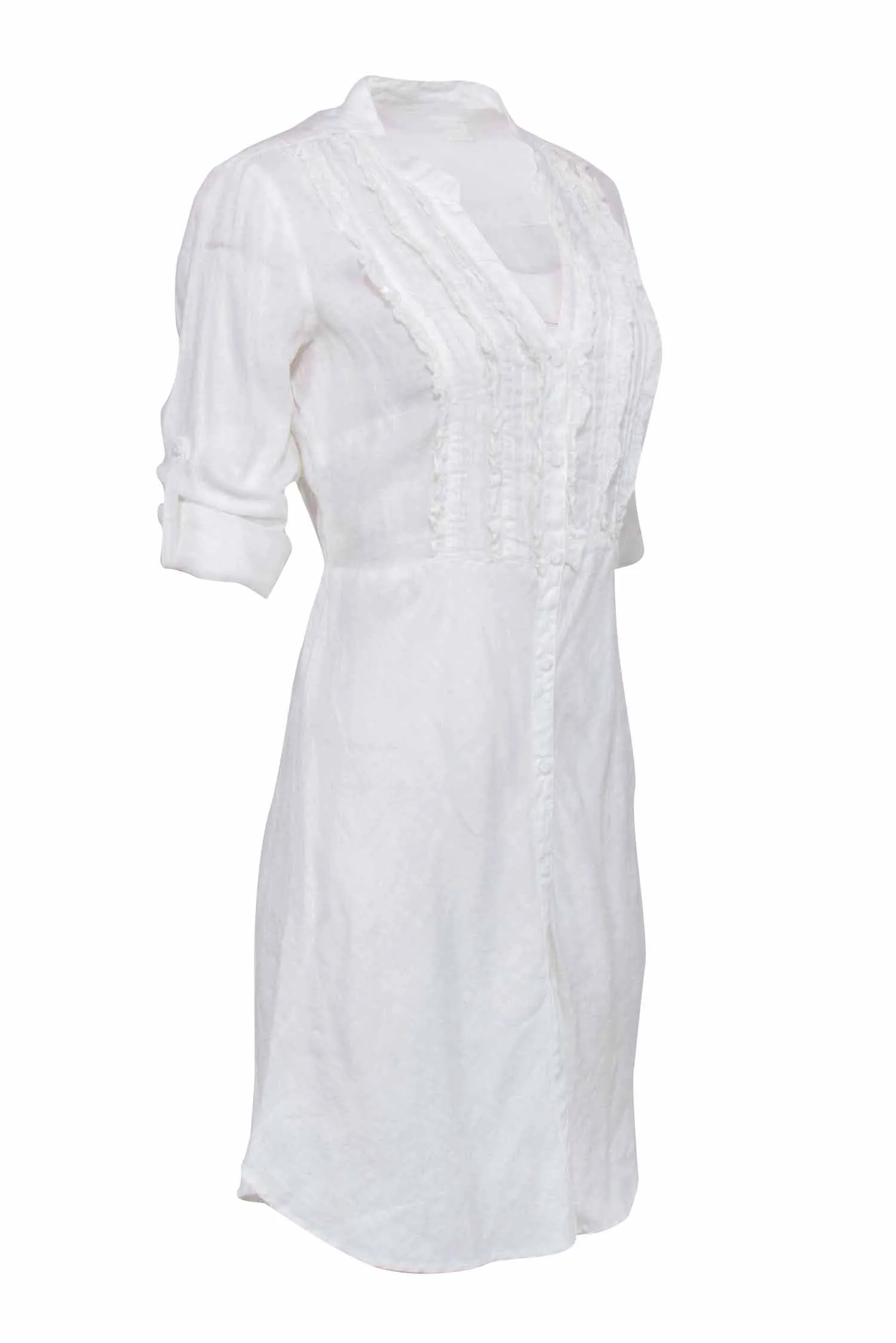 120% Lino - White Long Sleeve Linen Dress w/ Sparkle Middle Front Sz 8