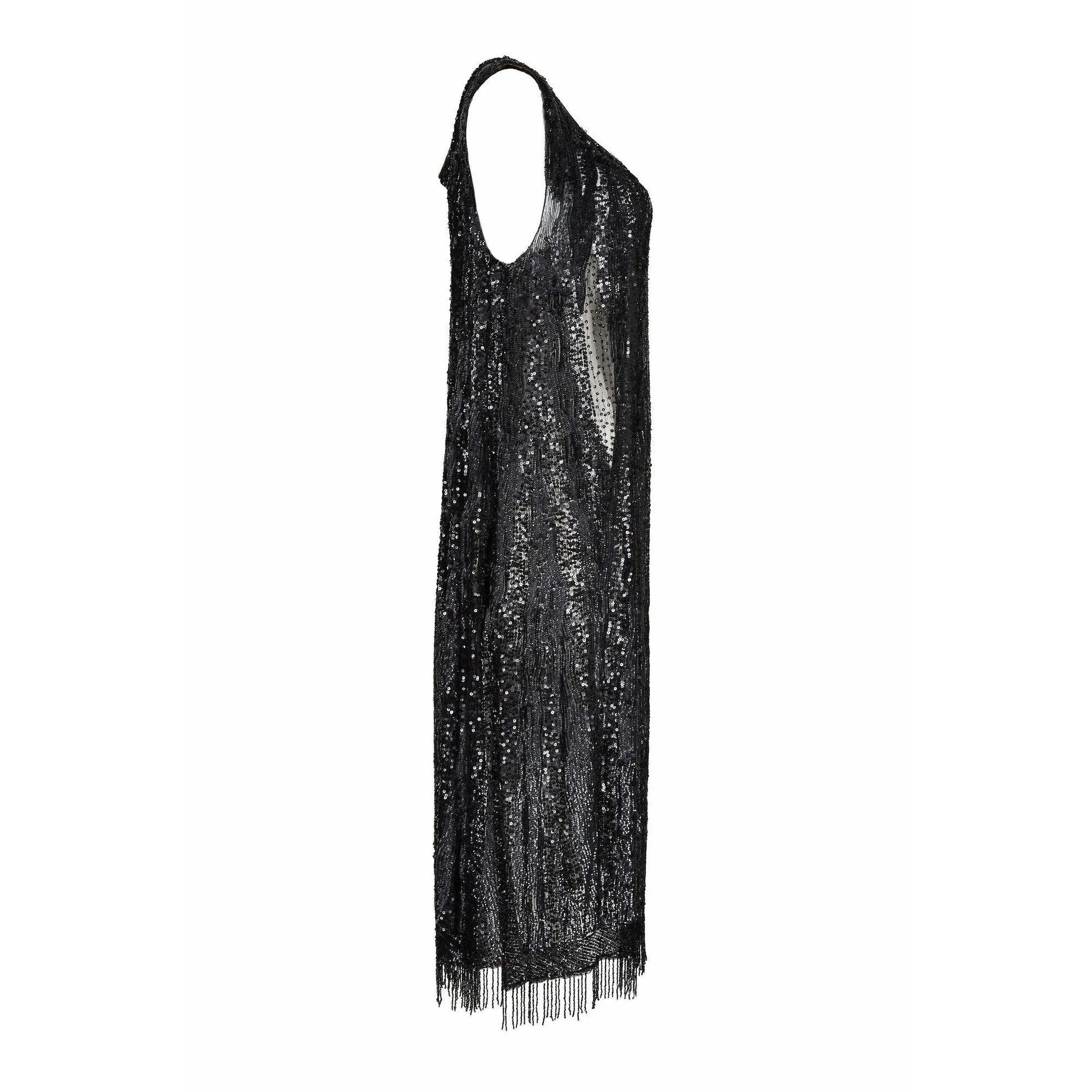 1920s Haute Couture Black Sequin Flapper Dress With Tassel Hemline