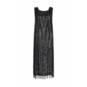 1920s Haute Couture Black Sequin Flapper Dress With Tassel Hemline