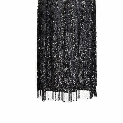 1920s Haute Couture Black Sequin Flapper Dress With Tassel Hemline