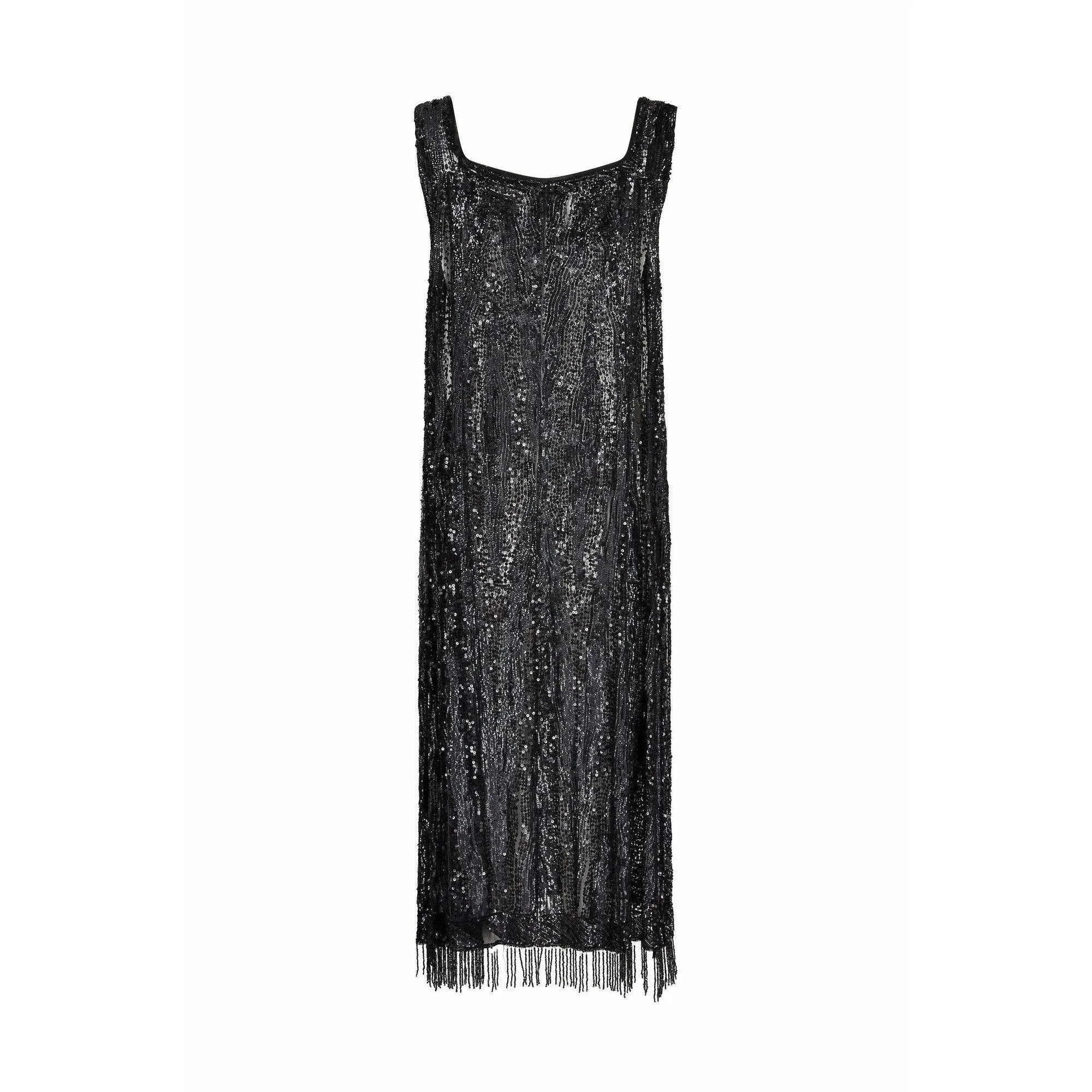 1920s Haute Couture Black Sequin Flapper Dress With Tassel Hemline