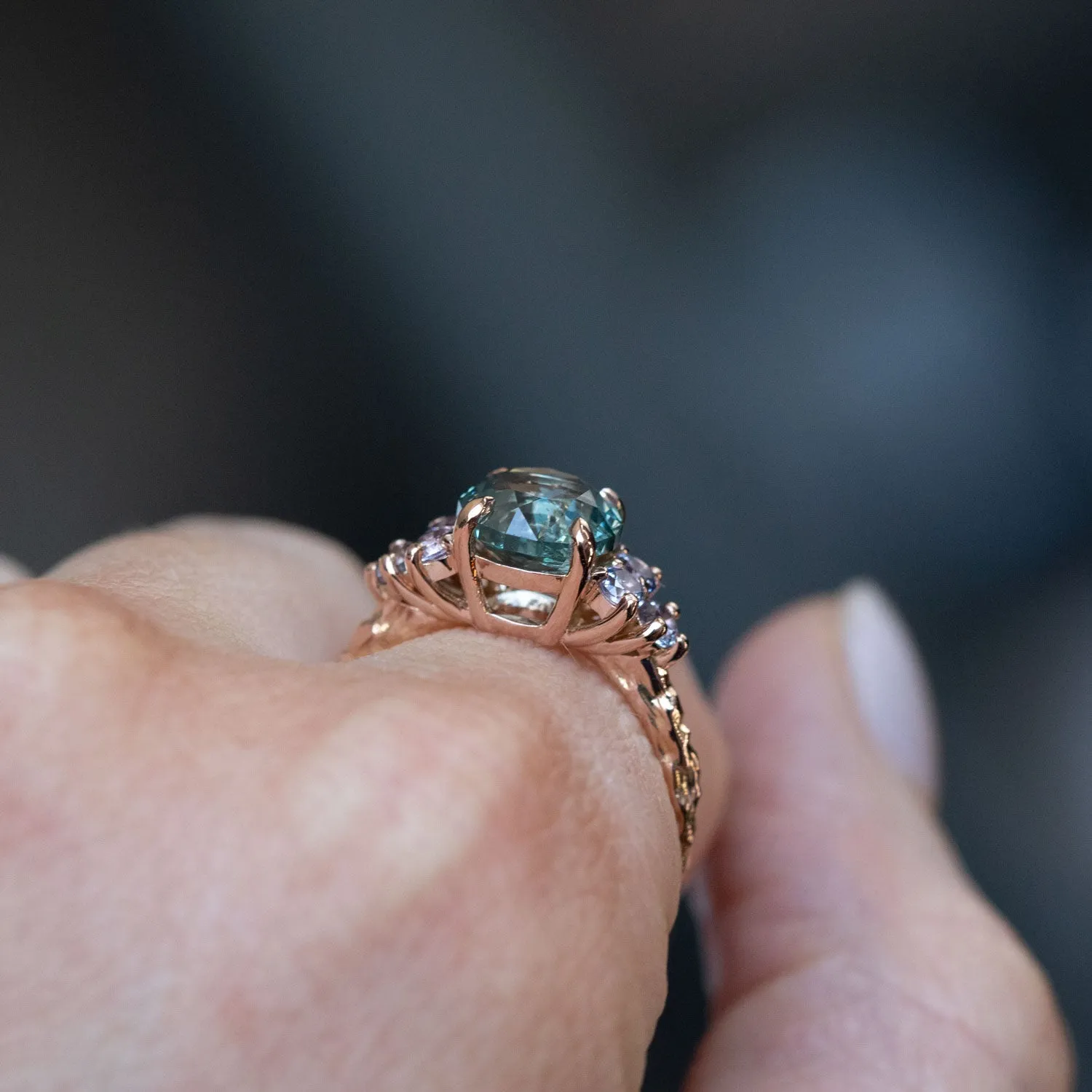 2.89ct Teal Montana Sapphire and Purple Grey Spinel Cluster Evergreen Ring in 14k Rose Gold