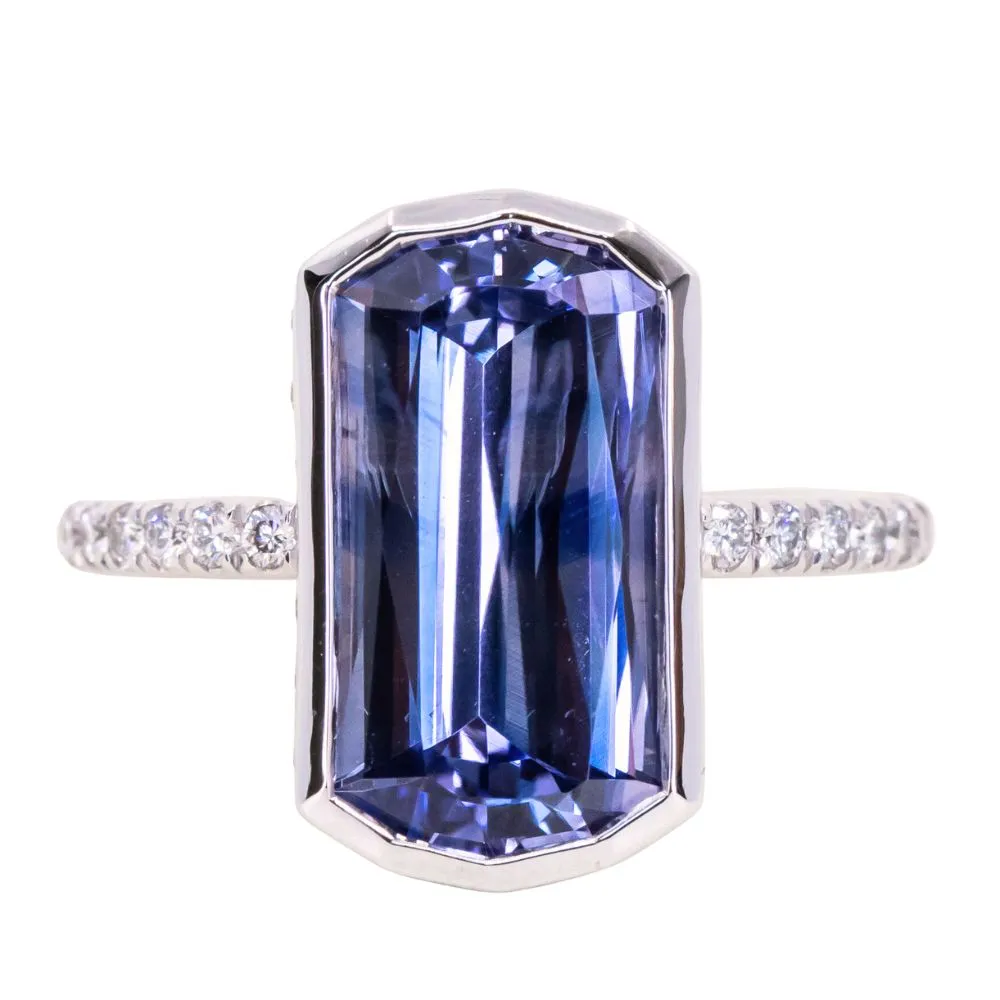 5.79ct Elongated Cushion Cut Purple Bi-Color Sapphire Low Profile Bezel Hidden Halo Solitaire Ring in 18k White Gold