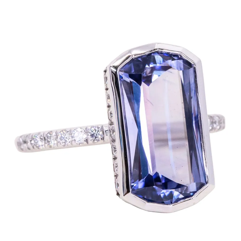 5.79ct Elongated Cushion Cut Purple Bi-Color Sapphire Low Profile Bezel Hidden Halo Solitaire Ring in 18k White Gold