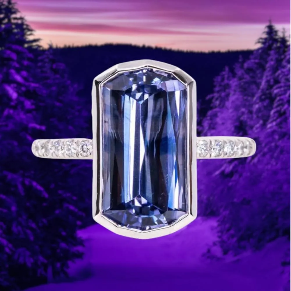 5.79ct Elongated Cushion Cut Purple Bi-Color Sapphire Low Profile Bezel Hidden Halo Solitaire Ring in 18k White Gold