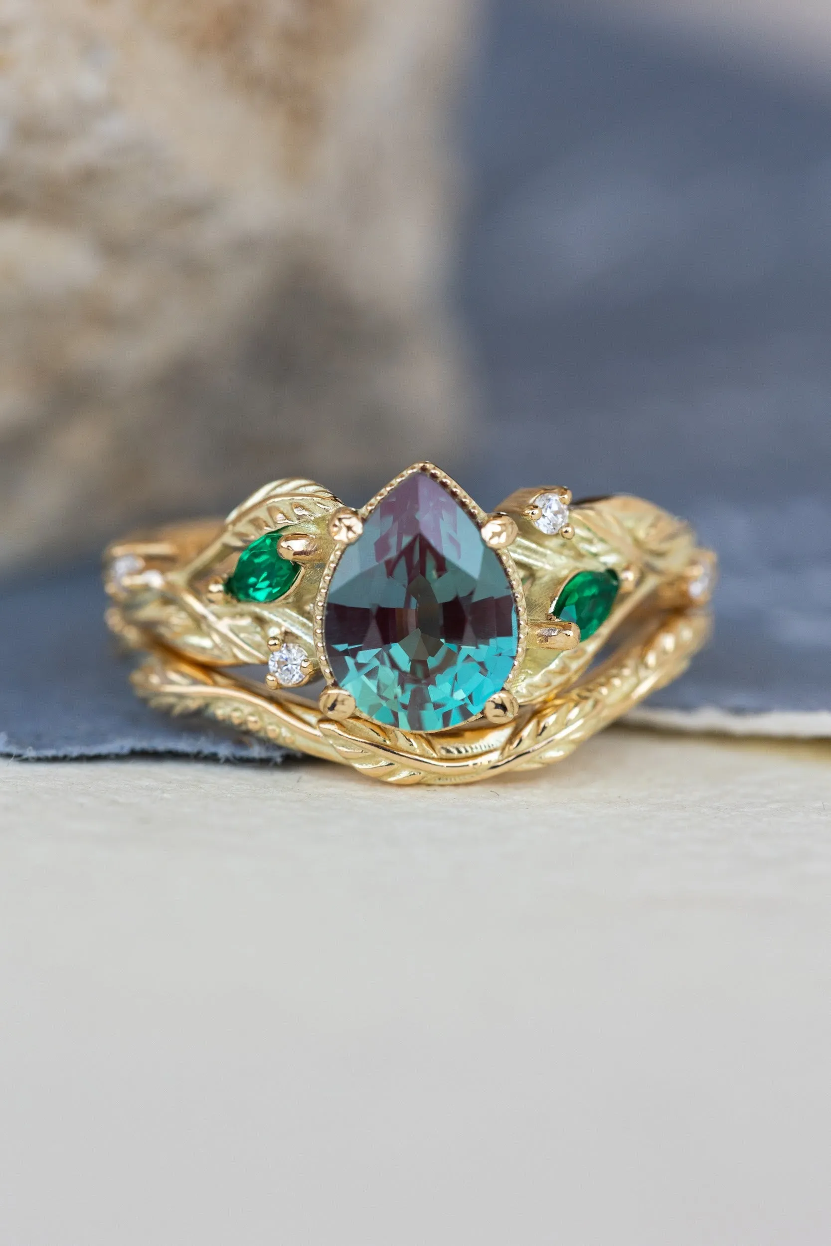 Alexandrite and accent emeralds bridal ring set, ethical gemstones engagement ring set / Patricia