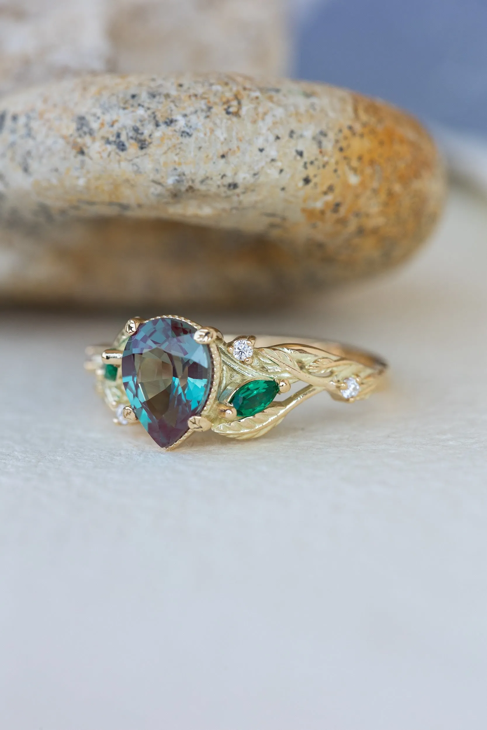 Alexandrite and accent emeralds bridal ring set, ethical gemstones engagement ring set / Patricia