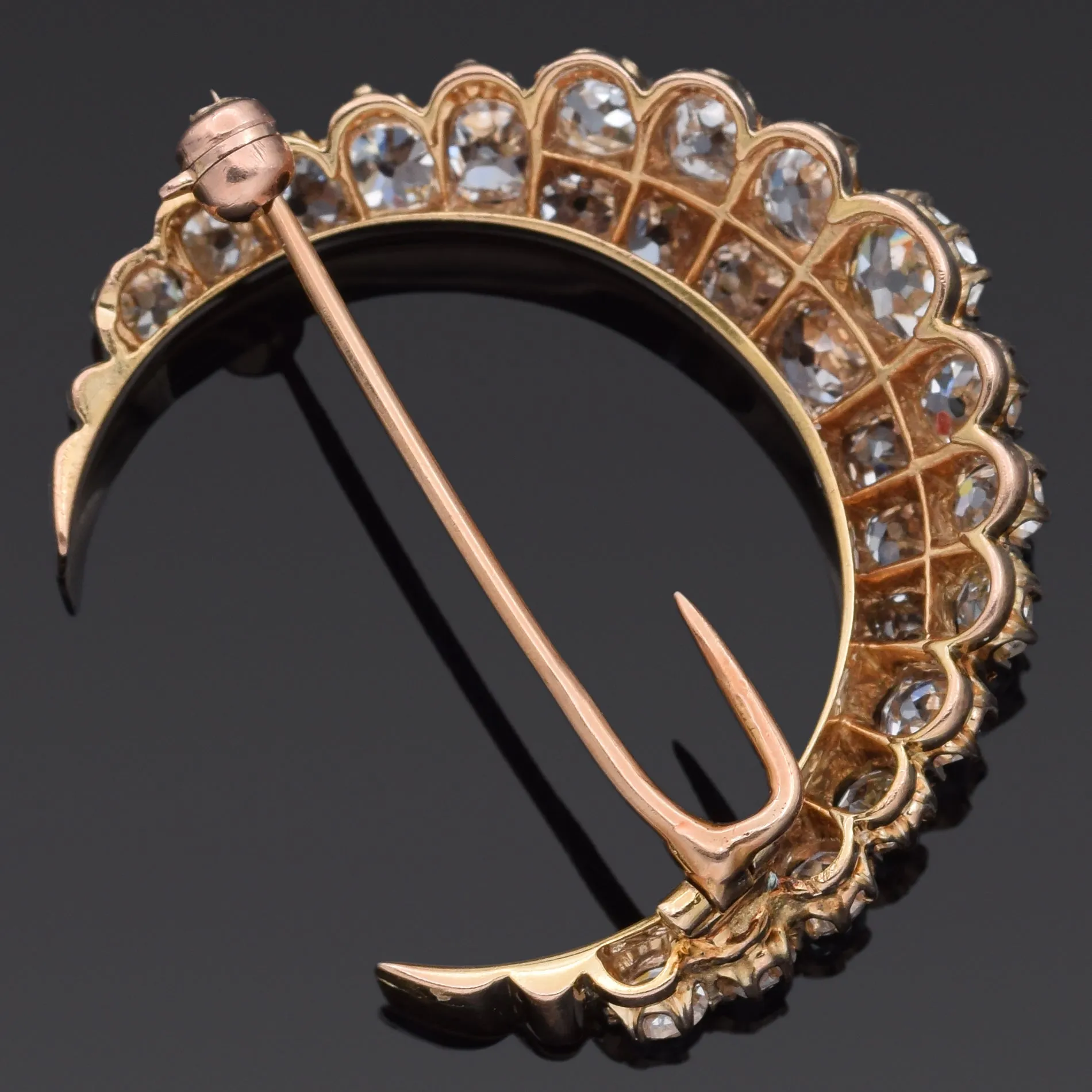 Antique 14K Yellow Gold 3.22 TCW Old Mine Cut Diamond Crescent Moon Brooch Pin