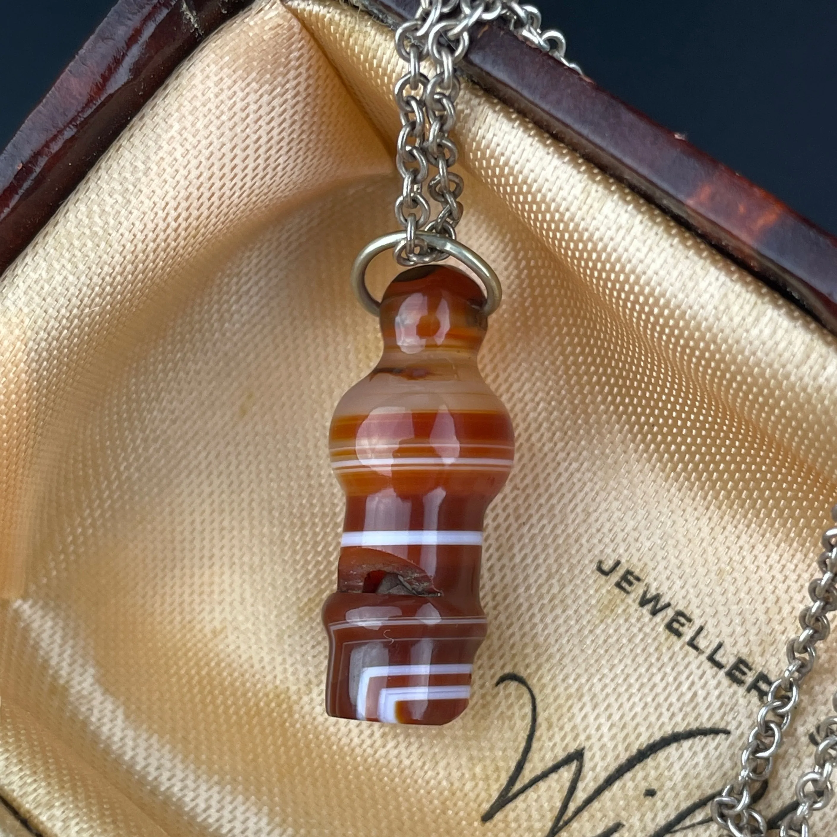 Antique Victorian Banded Agate Working Whistle Pendant Necklace