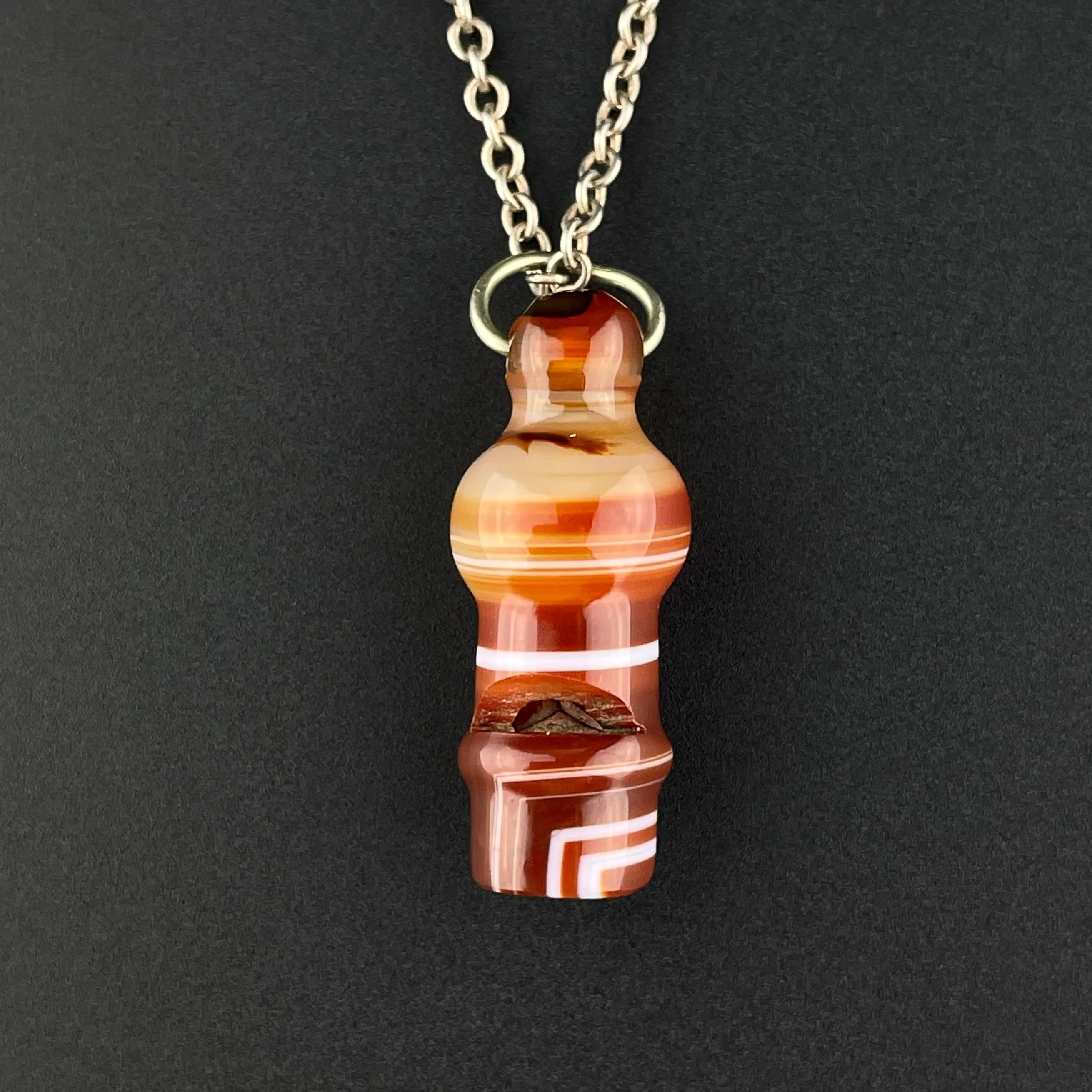 Antique Victorian Banded Agate Working Whistle Pendant Necklace