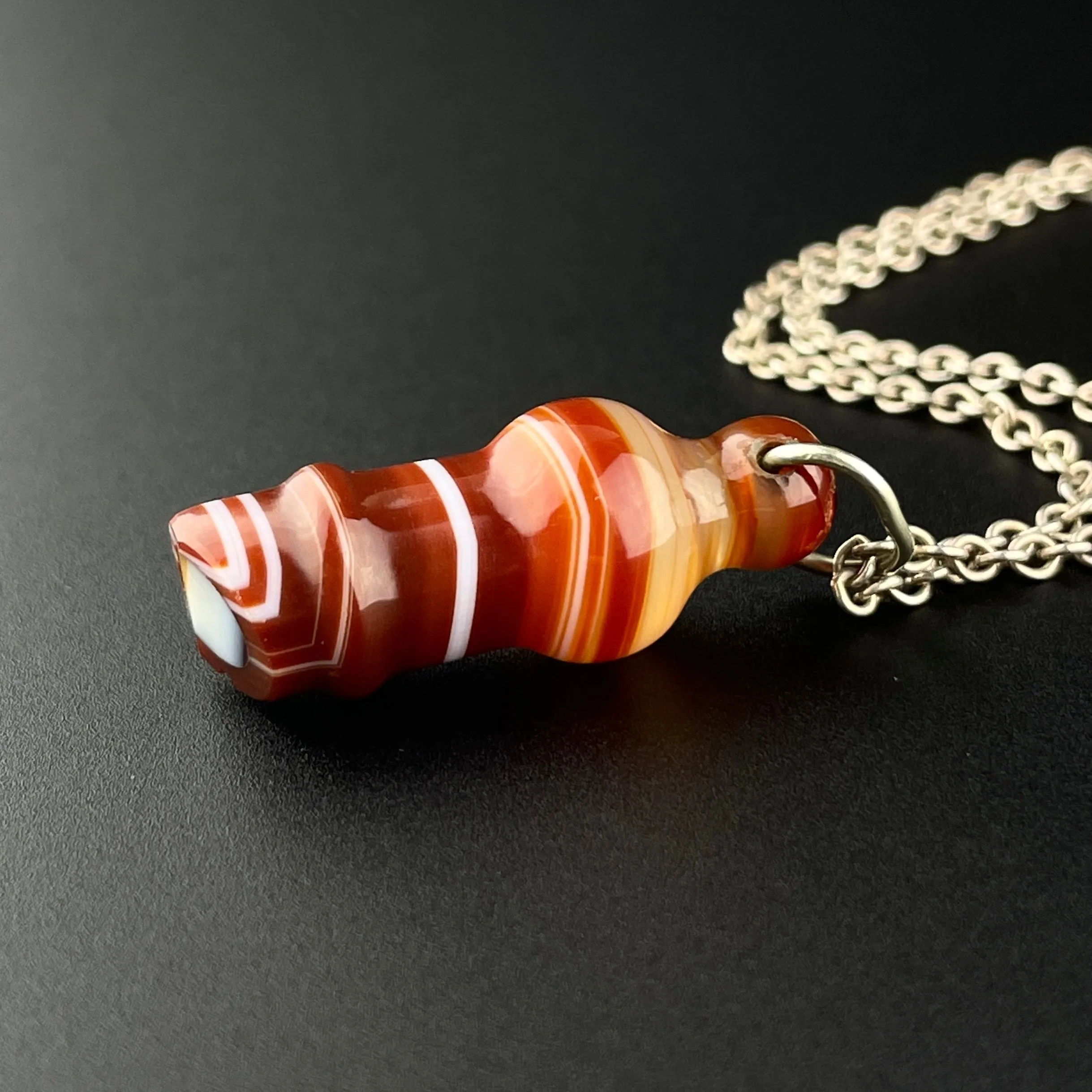 Antique Victorian Banded Agate Working Whistle Pendant Necklace