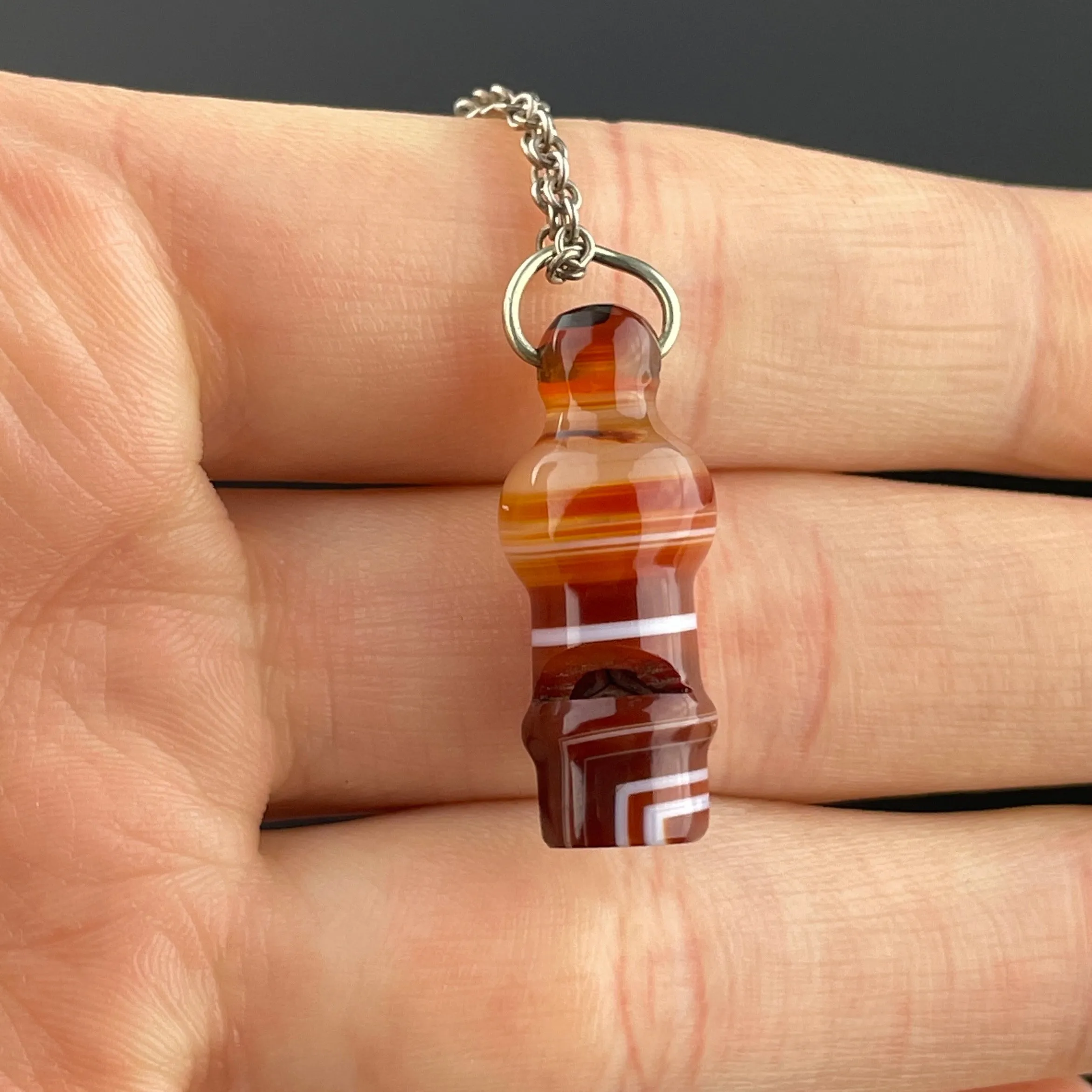 Antique Victorian Banded Agate Working Whistle Pendant Necklace