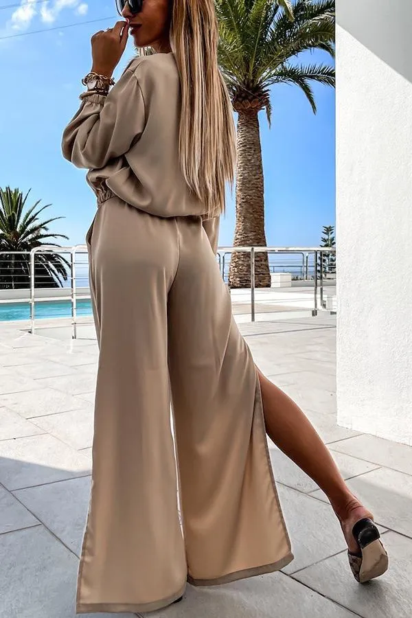 Anything You Need Satin Wide Leg Slit Pants Suit