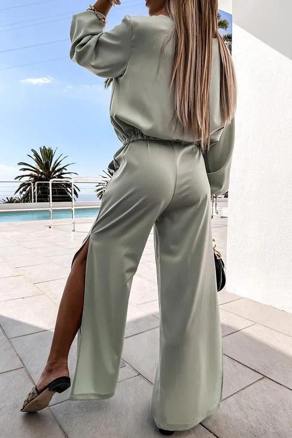 Anything You Need Satin Wide Leg Slit Pants Suit