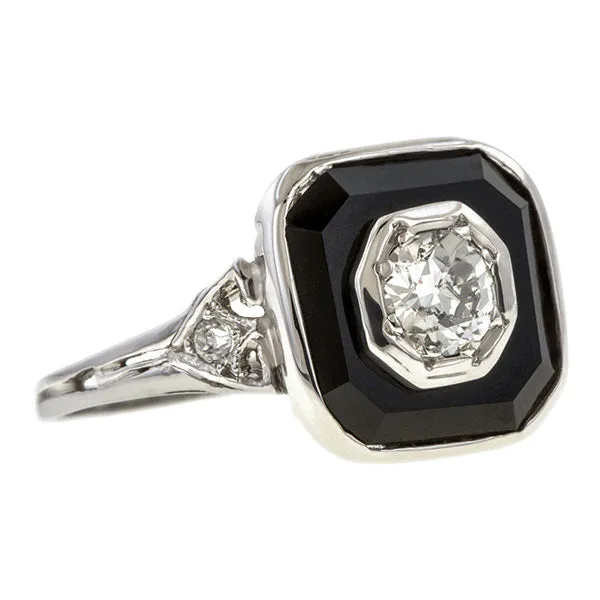 Art Deco Diamond & Onyx Ring, Old Euro 0.20ctw.