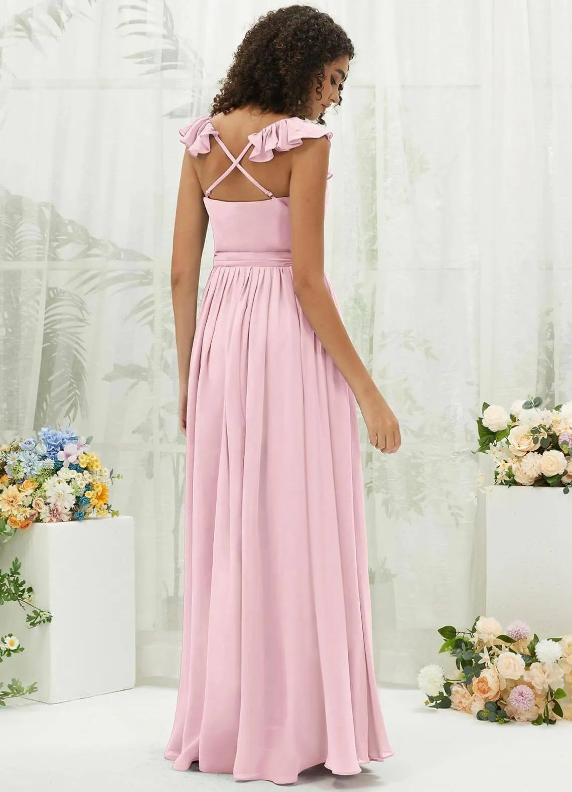 Blush Chiffon Ruffle Cross Straps V-Neck Wrap Bridesmaid Dress