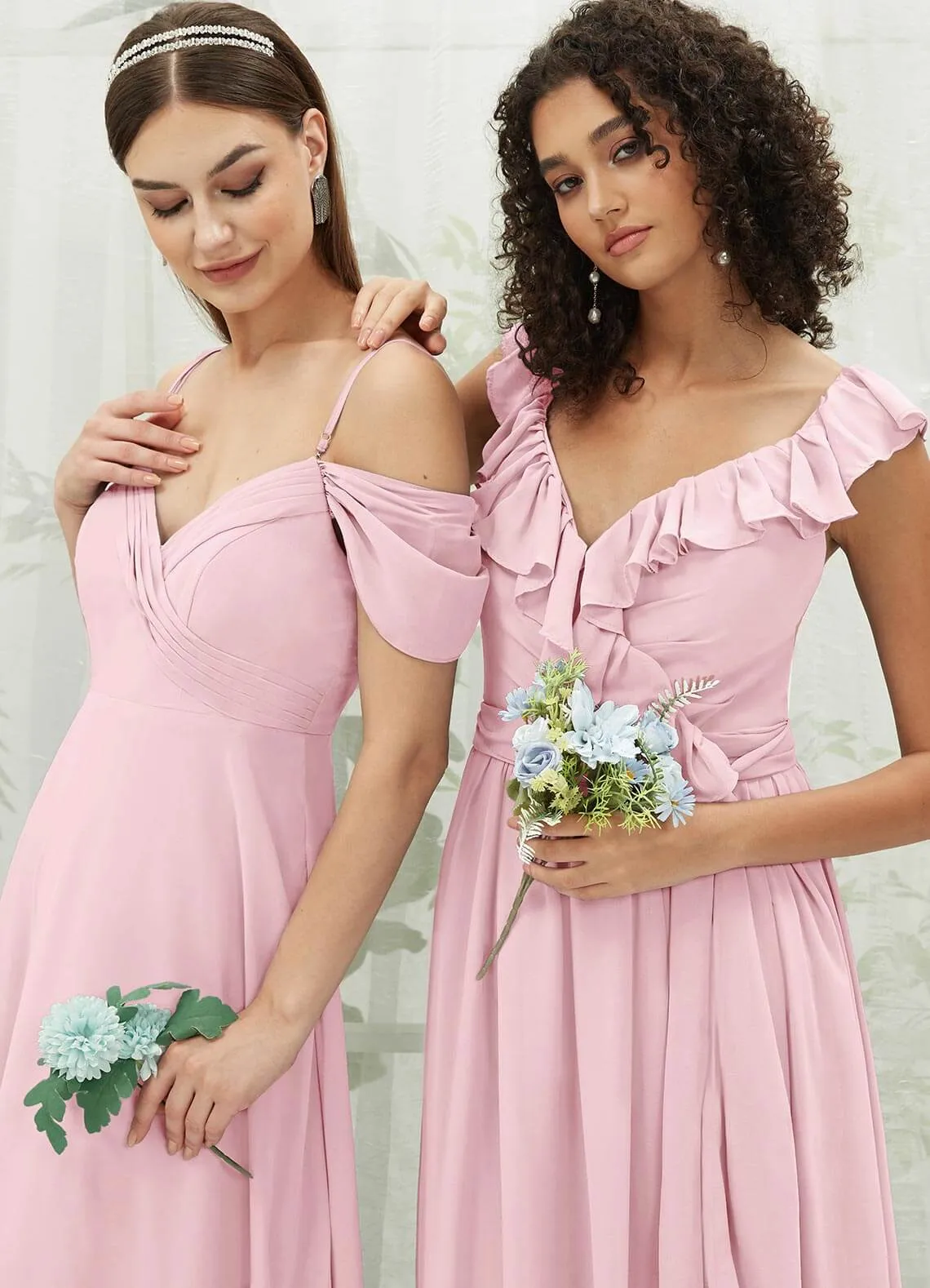 Blush Chiffon Ruffle Cross Straps V-Neck Wrap Bridesmaid Dress