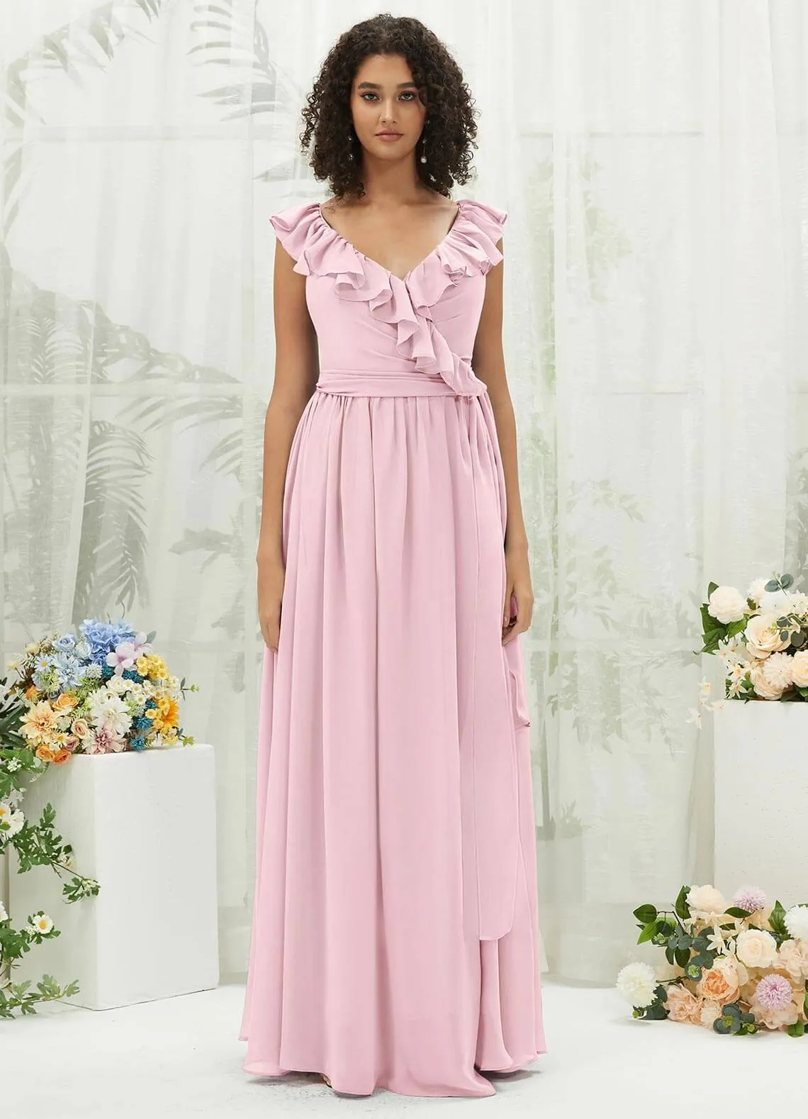 Blush Chiffon Ruffle Cross Straps V-Neck Wrap Bridesmaid Dress