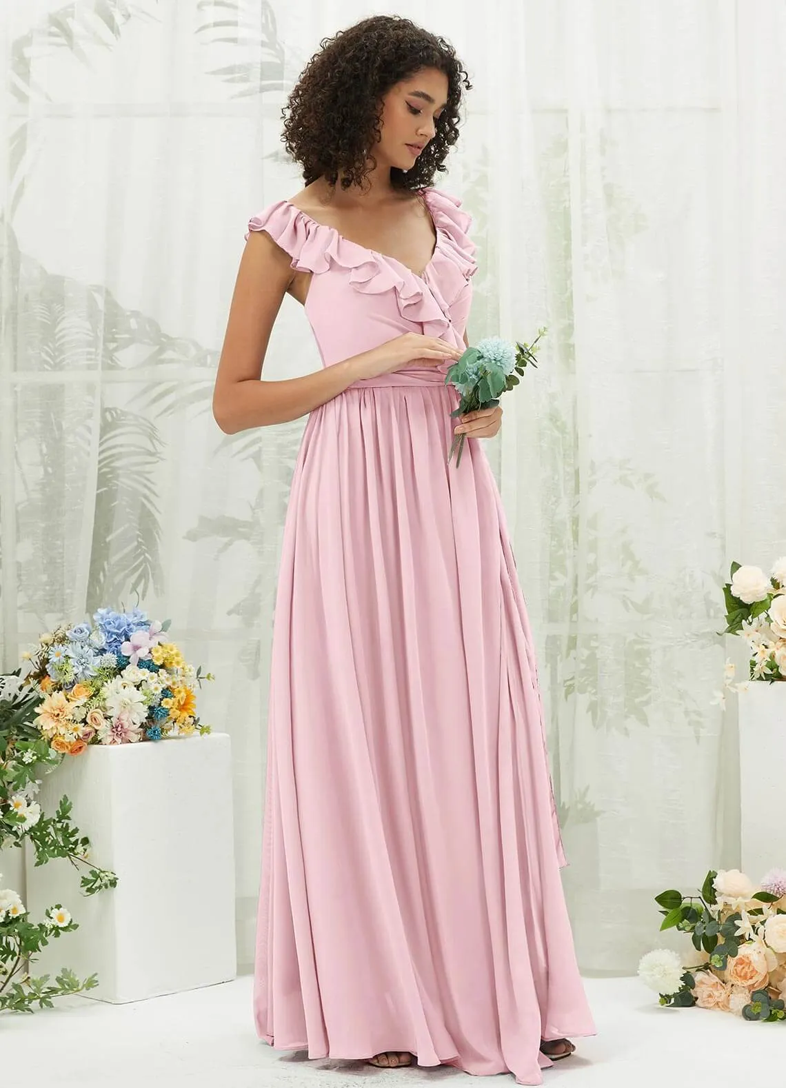 Blush Chiffon Ruffle Cross Straps V-Neck Wrap Bridesmaid Dress