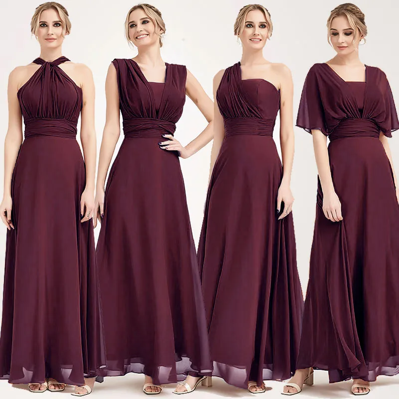 Burgundy Convertible Chiffon Bridesmaid Dress Wrap Floor Length Gown