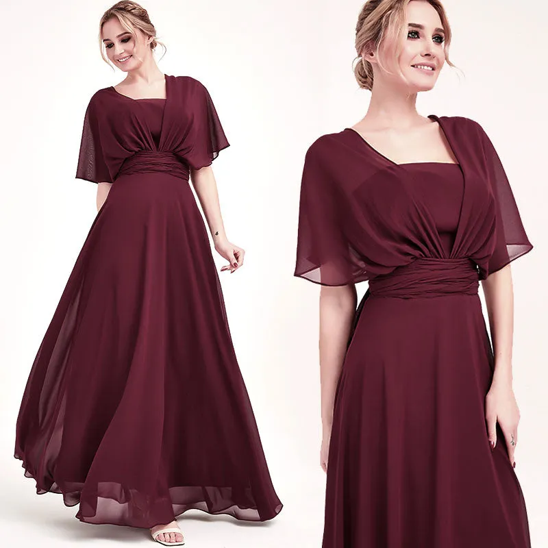 Burgundy Convertible Chiffon Bridesmaid Dress Wrap Floor Length Gown