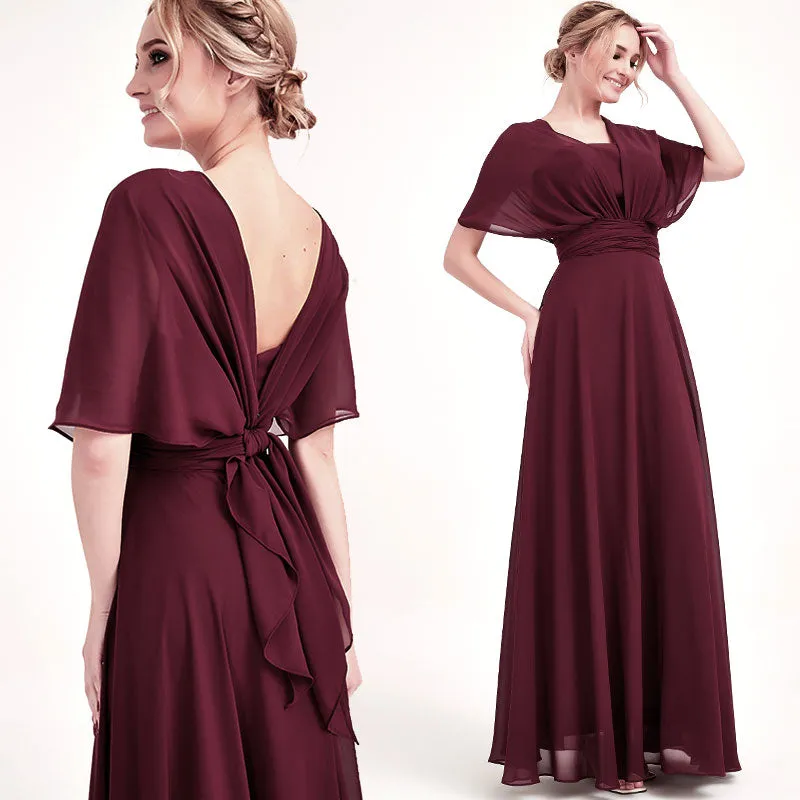 Burgundy Convertible Chiffon Bridesmaid Dress Wrap Floor Length Gown