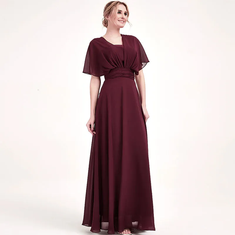 Burgundy Convertible Chiffon Bridesmaid Dress Wrap Floor Length Gown