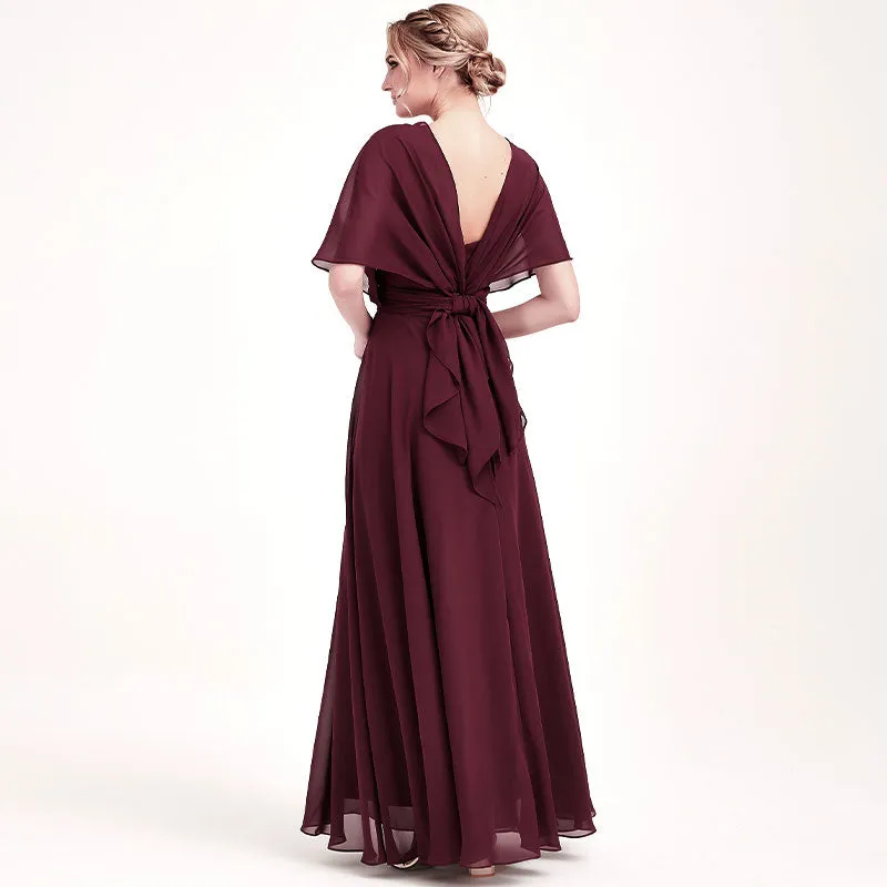 Burgundy Convertible Chiffon Bridesmaid Dress Wrap Floor Length Gown