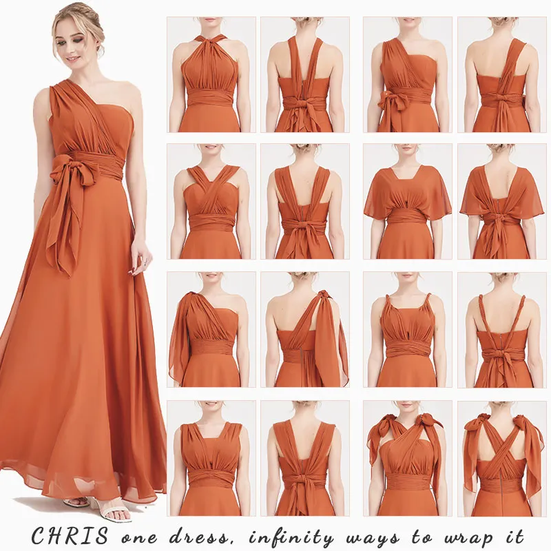 Burgundy Convertible Chiffon Bridesmaid Dress Wrap Floor Length Gown