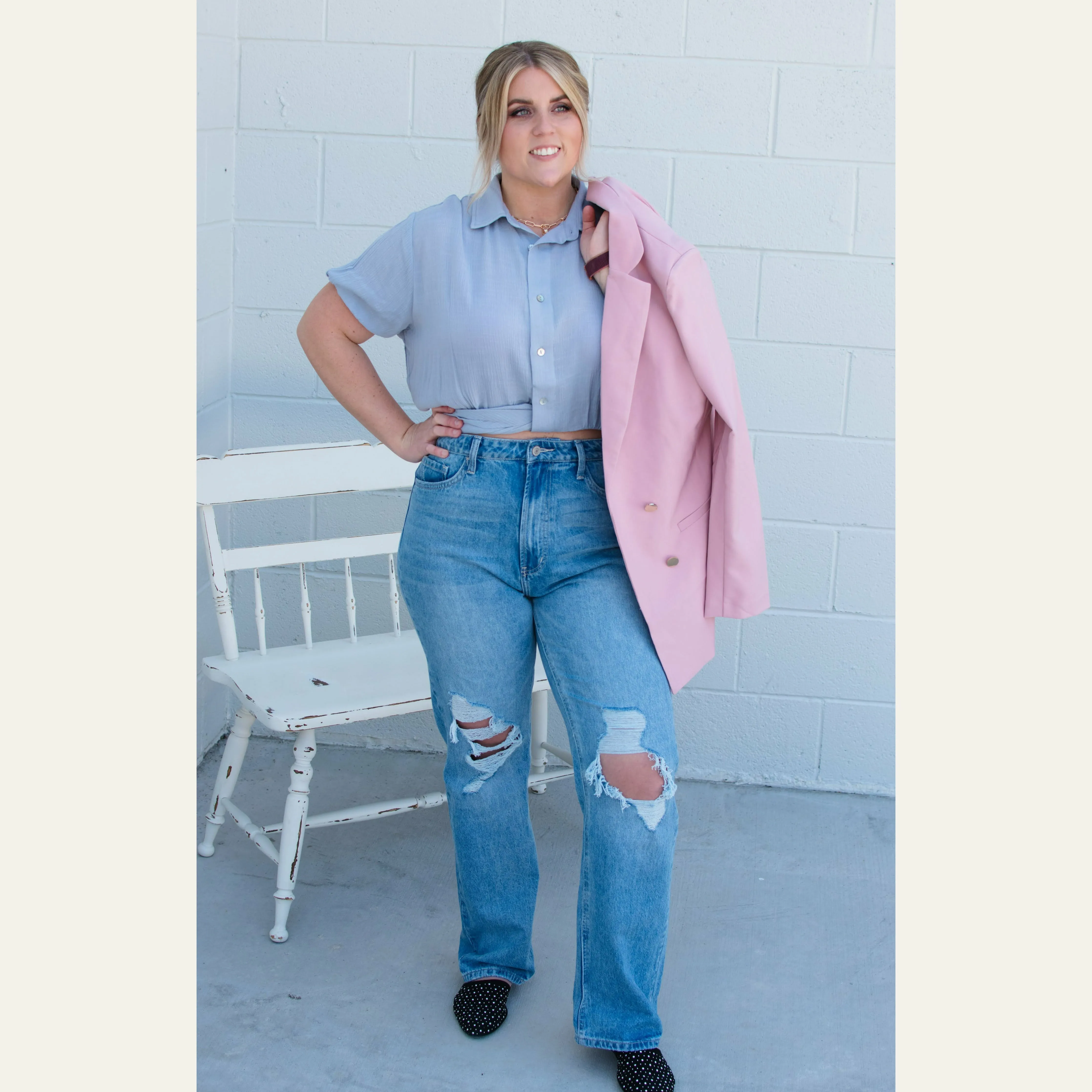 Buttoned Puff Sleeve Wrap Hem Crop