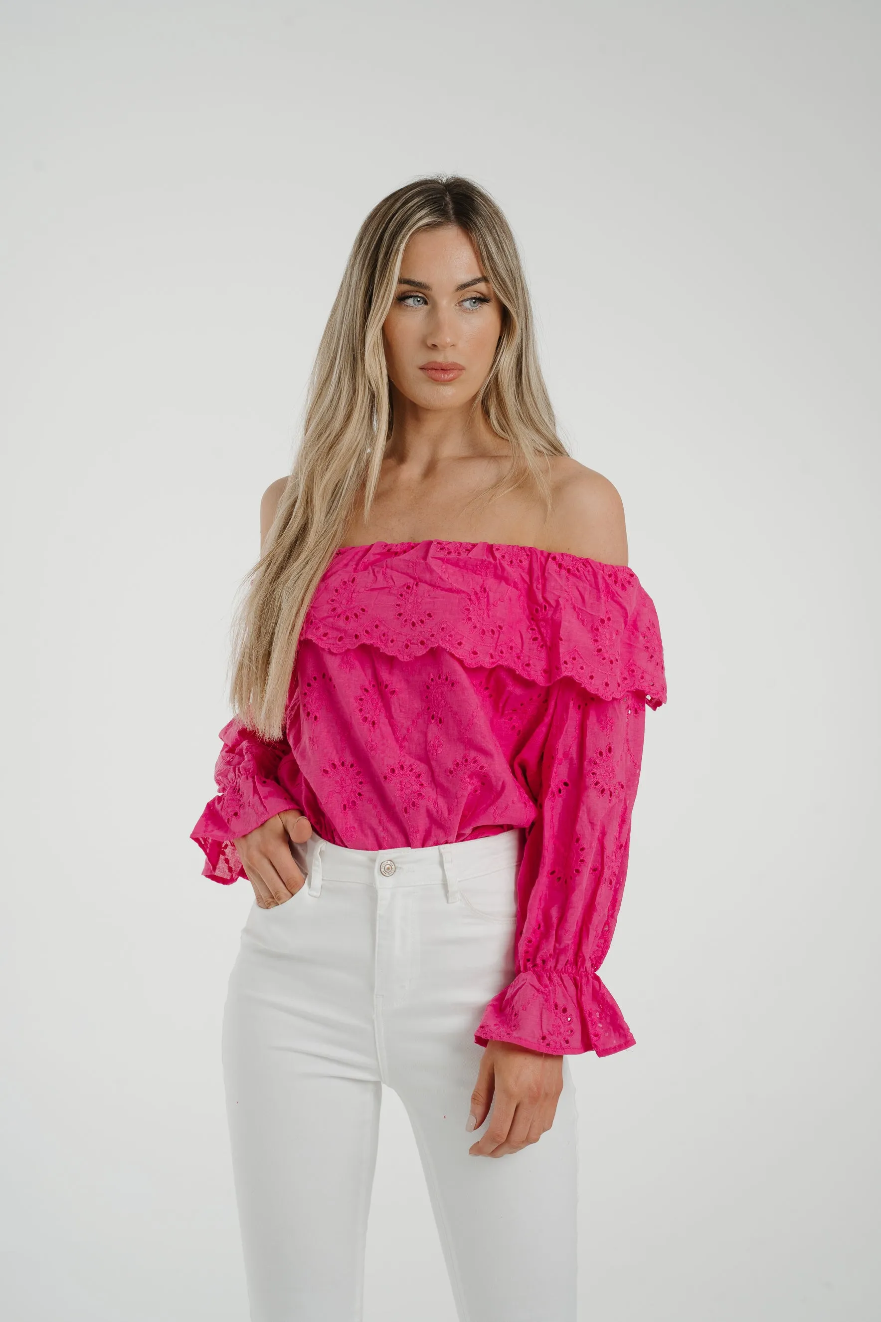 Caitlyn Frill Detail Bardot Top In Pink