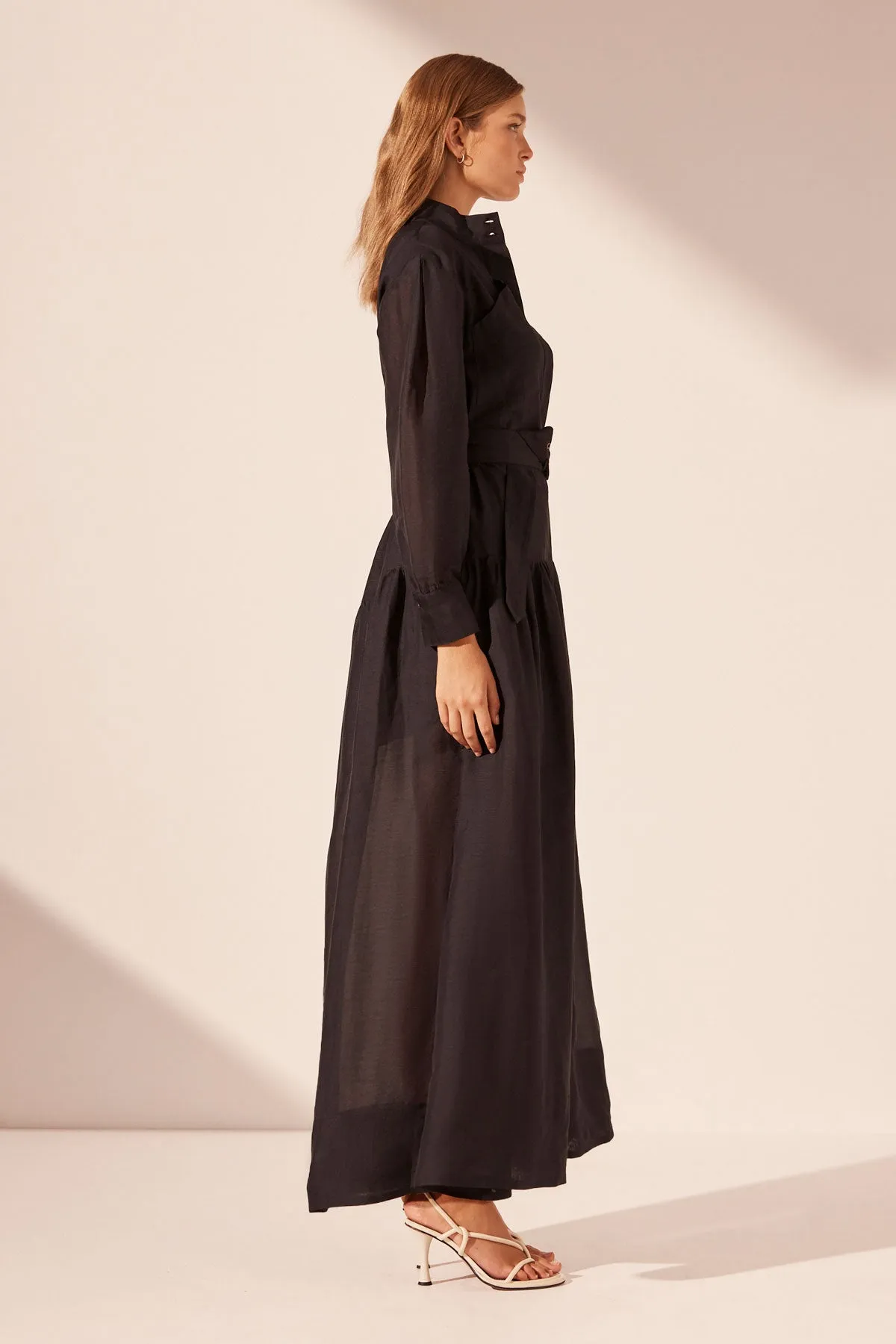 CELESTE LONG SLEEVE TIERED SHIRT MAXI DRESS - BLACK