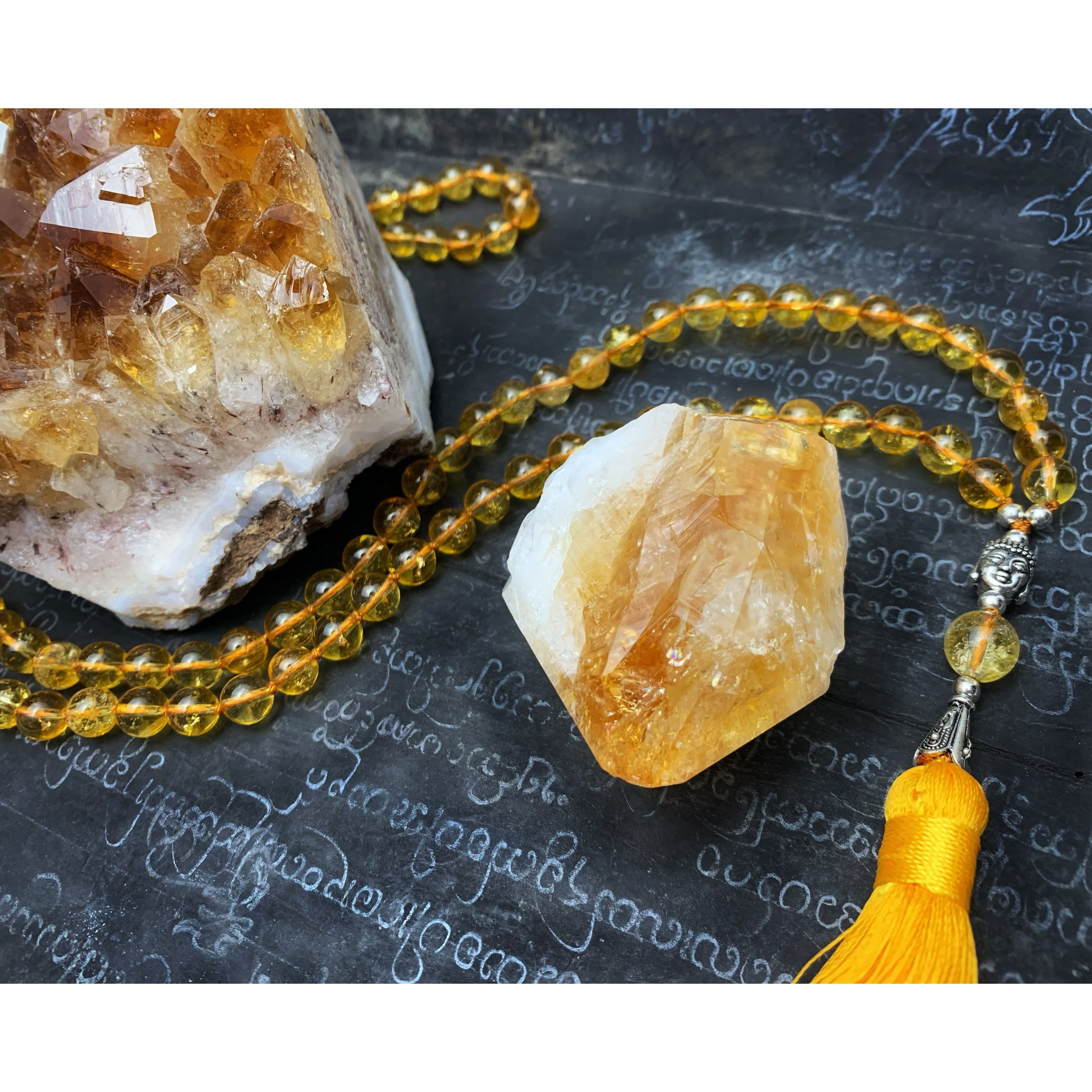 Citrine 8mm Knotted Mala with Buddha Bead and Silk Tassel #109