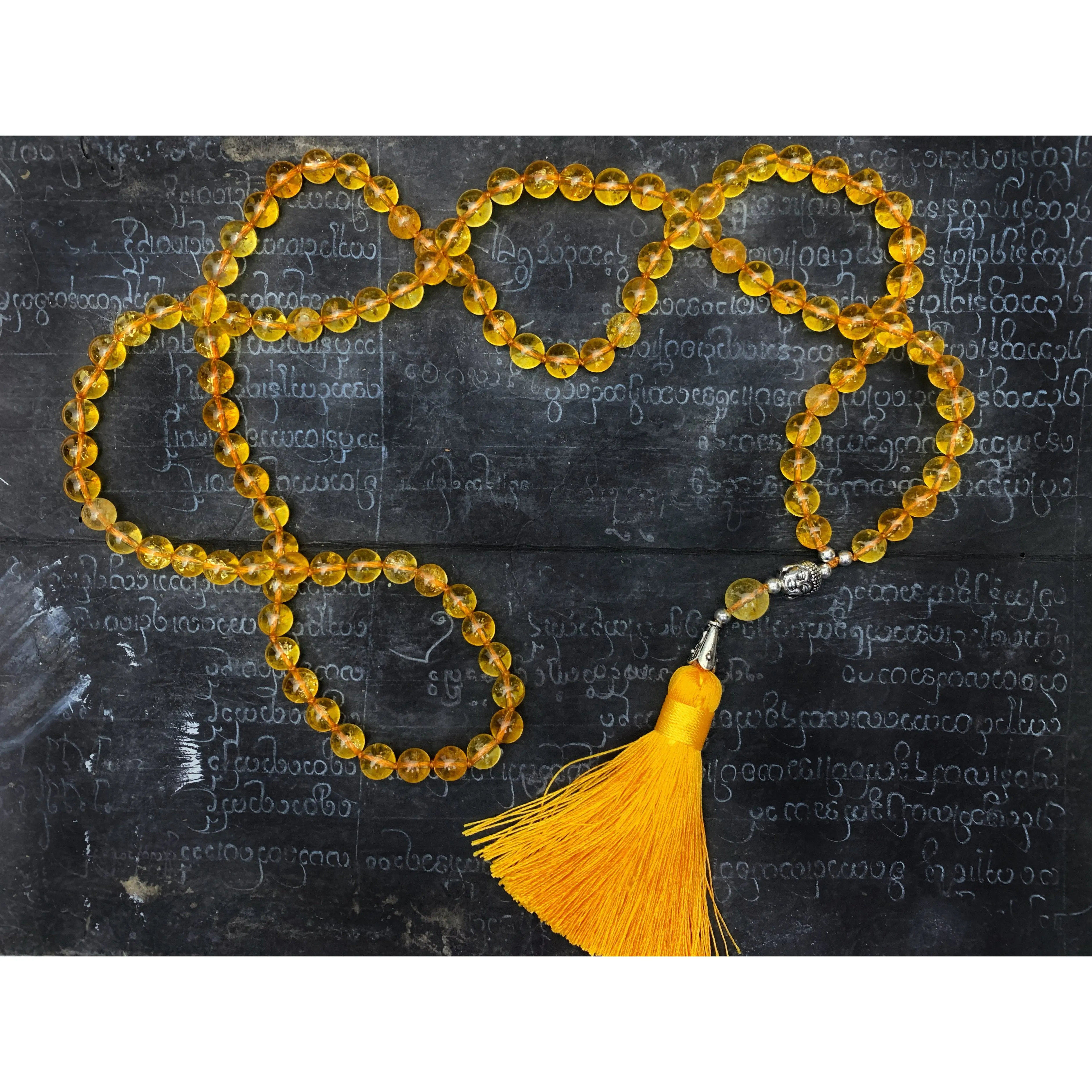 Citrine 8mm Knotted Mala with Buddha Bead and Silk Tassel #109