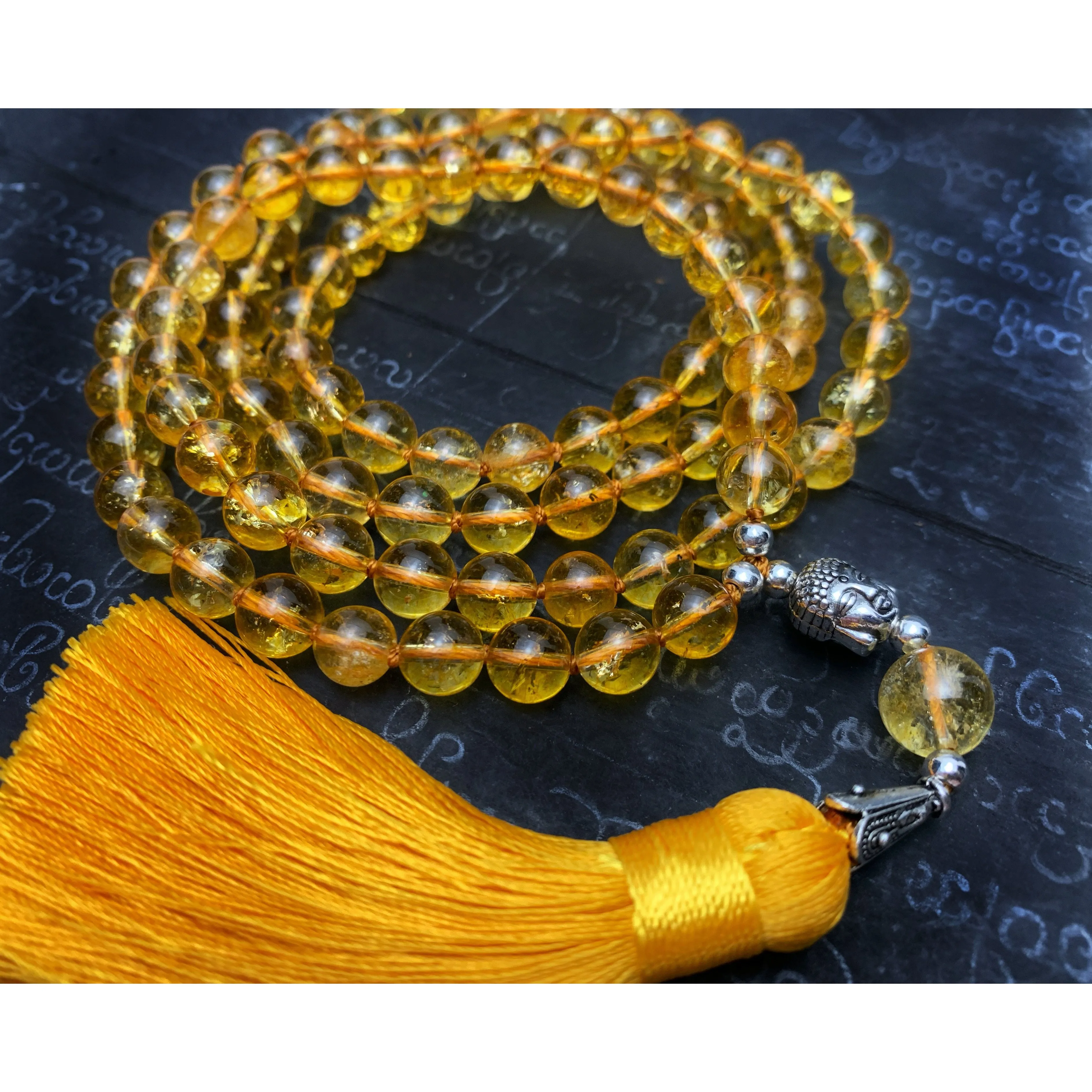 Citrine 8mm Knotted Mala with Buddha Bead and Silk Tassel #109