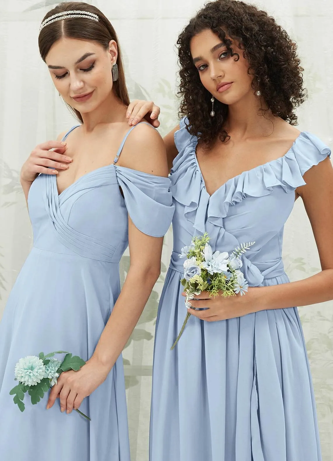 Cornflower Blue Chiffon Ruffle Cross Straps V-Neck Wrap Bridesmaid Dress