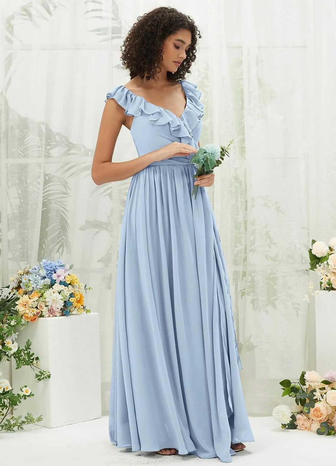 Cornflower Blue Chiffon Ruffle Cross Straps V-Neck Wrap Bridesmaid Dress