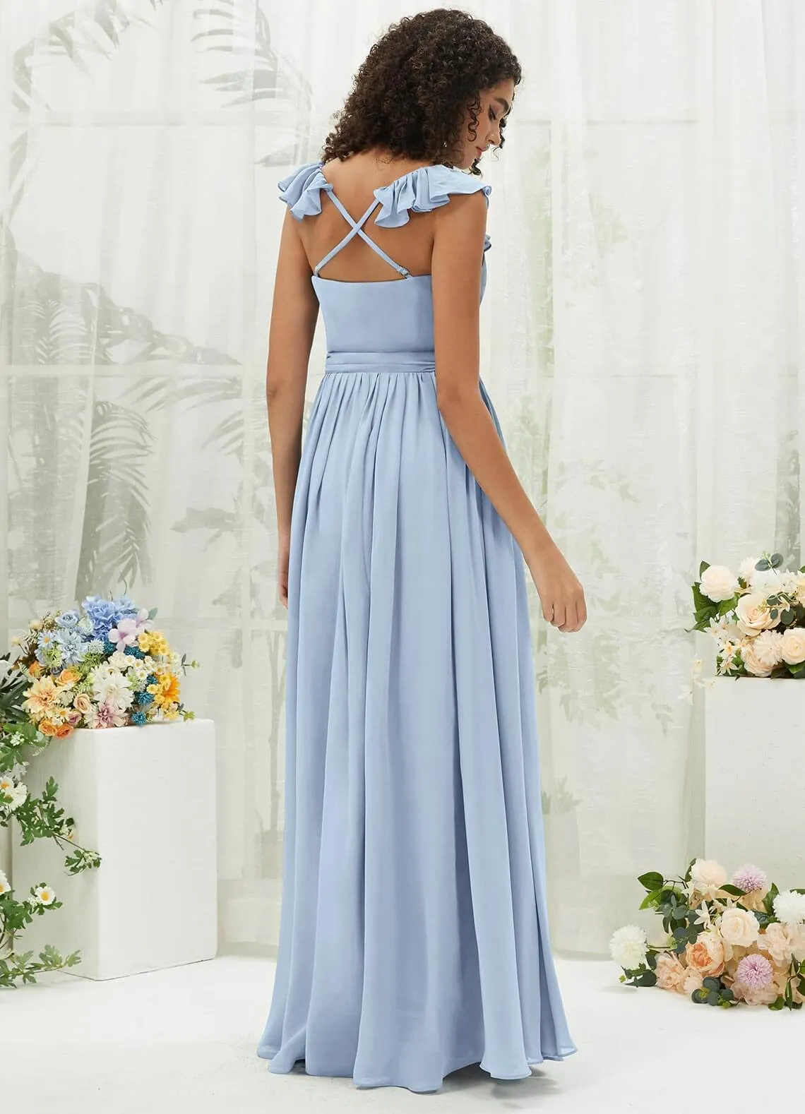 Cornflower Blue Chiffon Ruffle Cross Straps V-Neck Wrap Bridesmaid Dress