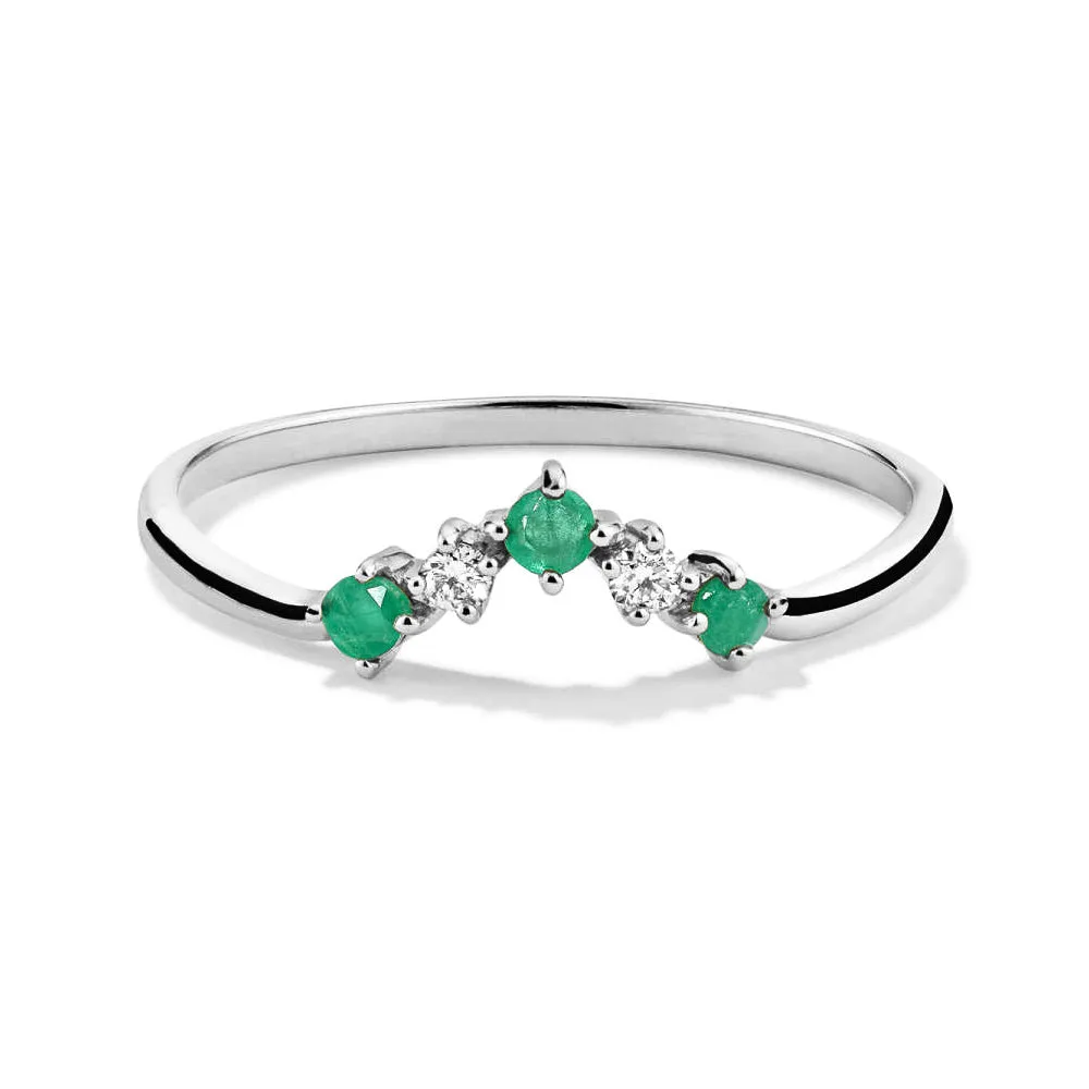 Curved V Shaped Lab Grown Emerald and Diamond Ring