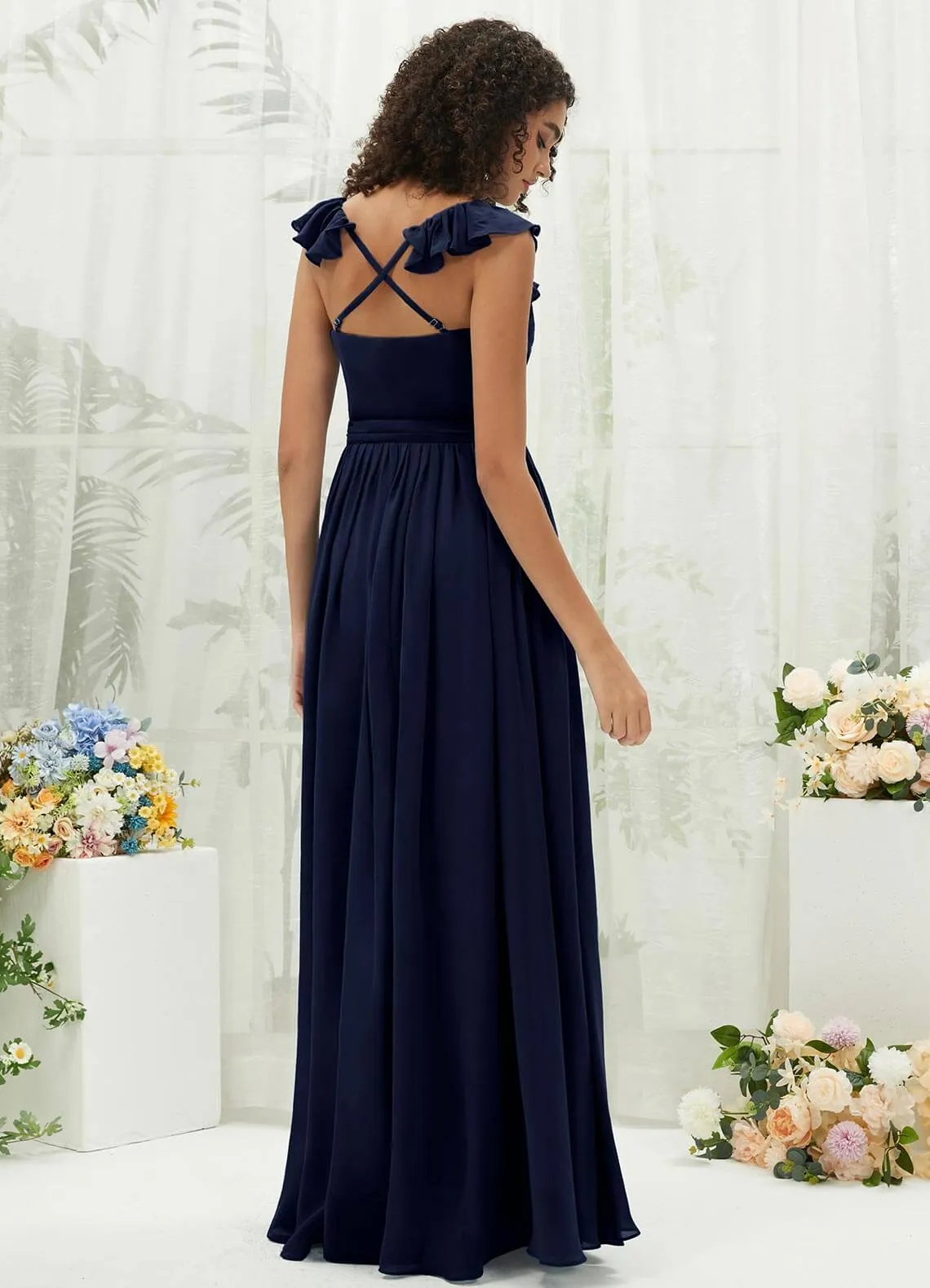 Dark Navy Chiffon Ruffle Cross Straps V-Neck Wrap Bridesmaid Dress