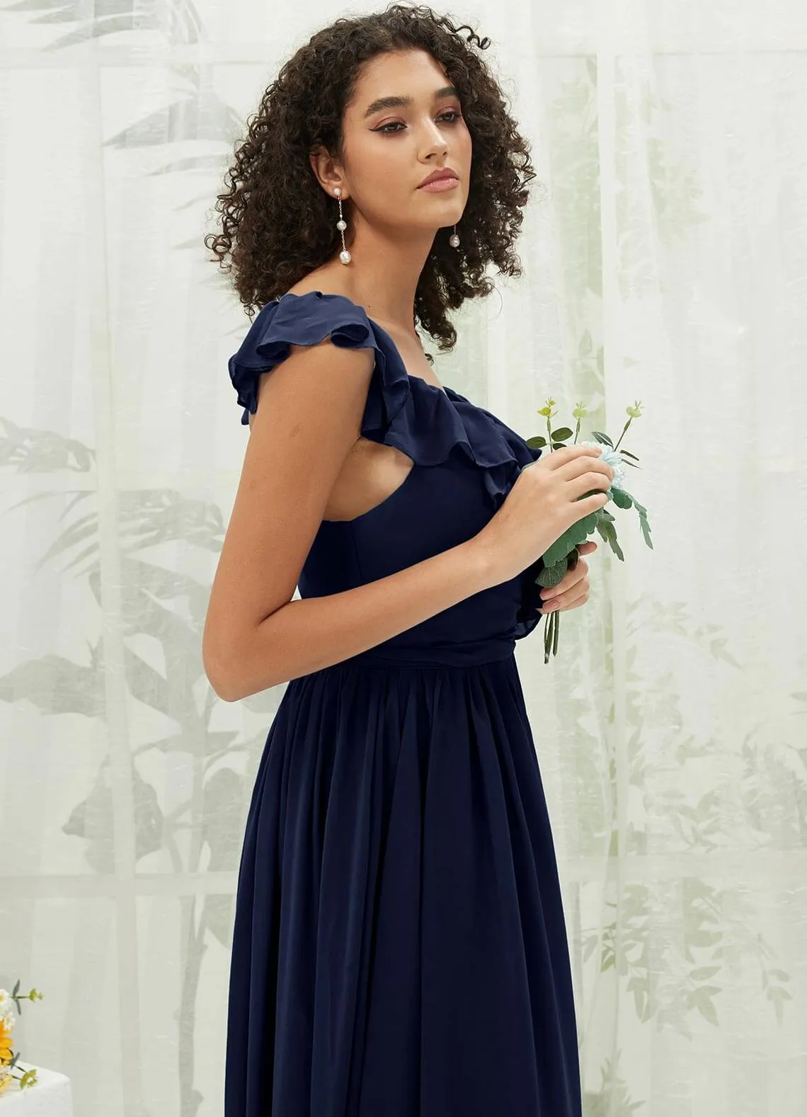 Dark Navy Chiffon Ruffle Cross Straps V-Neck Wrap Bridesmaid Dress