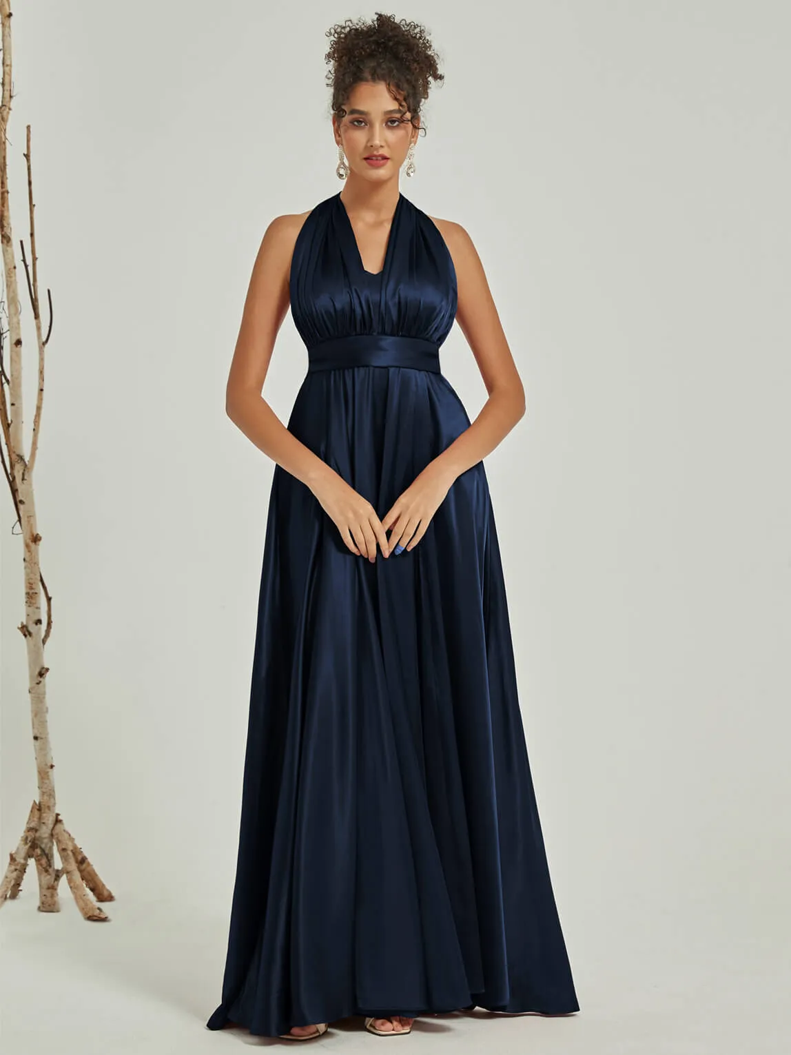 Dark Navy Satin Convertible Bridesmaid Dress Multi Ways Wrap A-Line Gowns