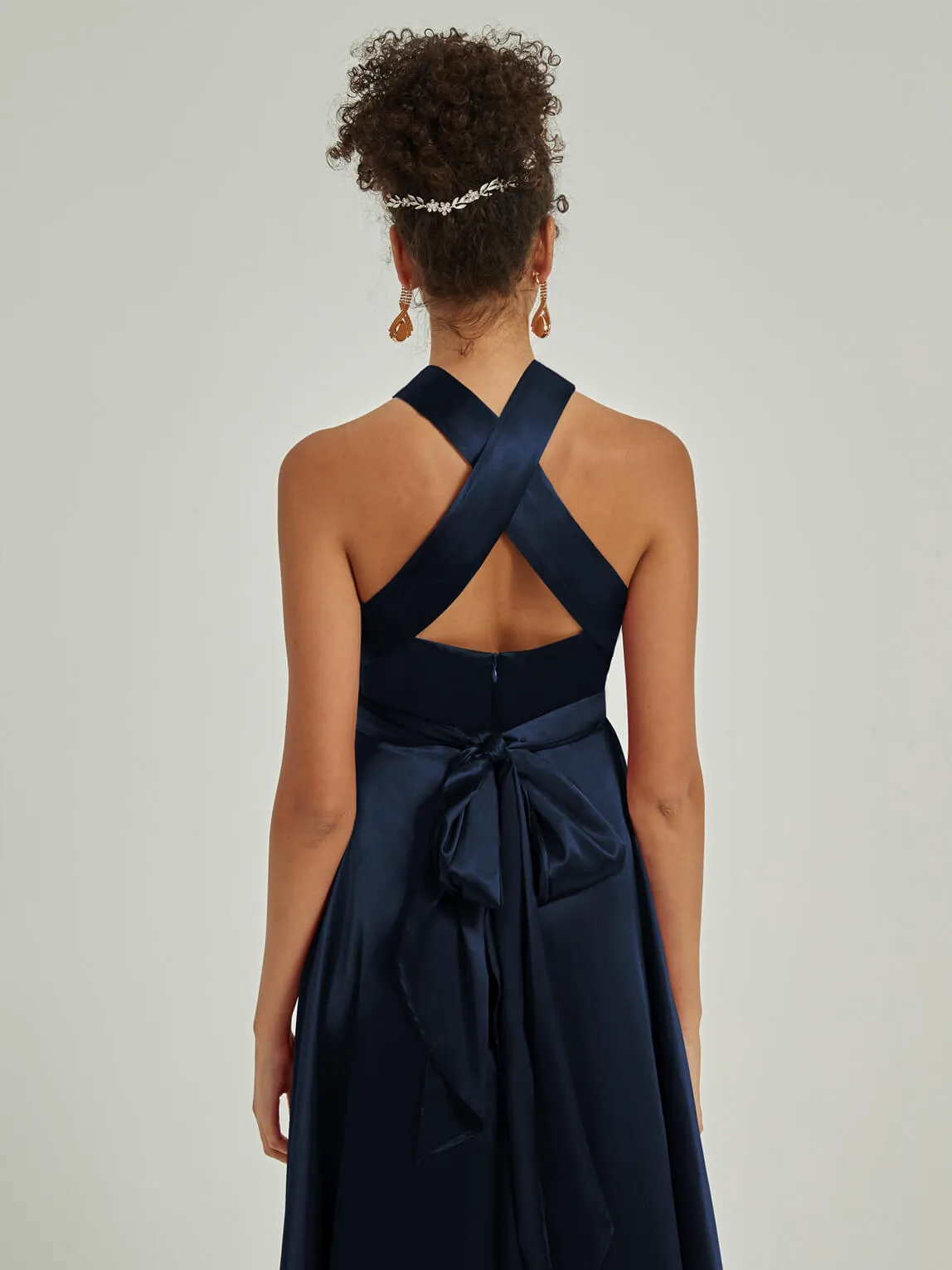 Dark Navy Satin Convertible Bridesmaid Dress Multi Ways Wrap A-Line Gowns