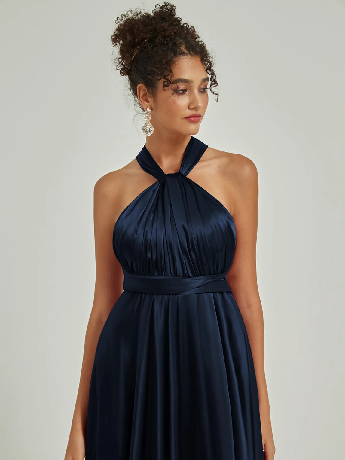 Dark Navy Satin Convertible Bridesmaid Dress Multi Ways Wrap A-Line Gowns