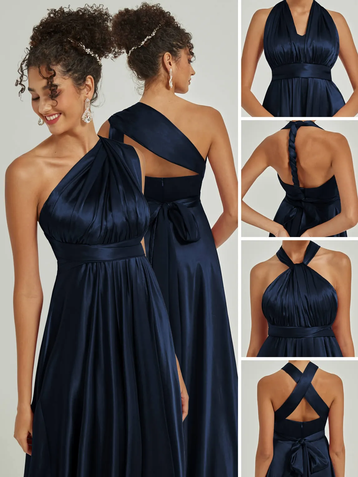 Dark Navy Satin Convertible Bridesmaid Dress Multi Ways Wrap A-Line Gowns