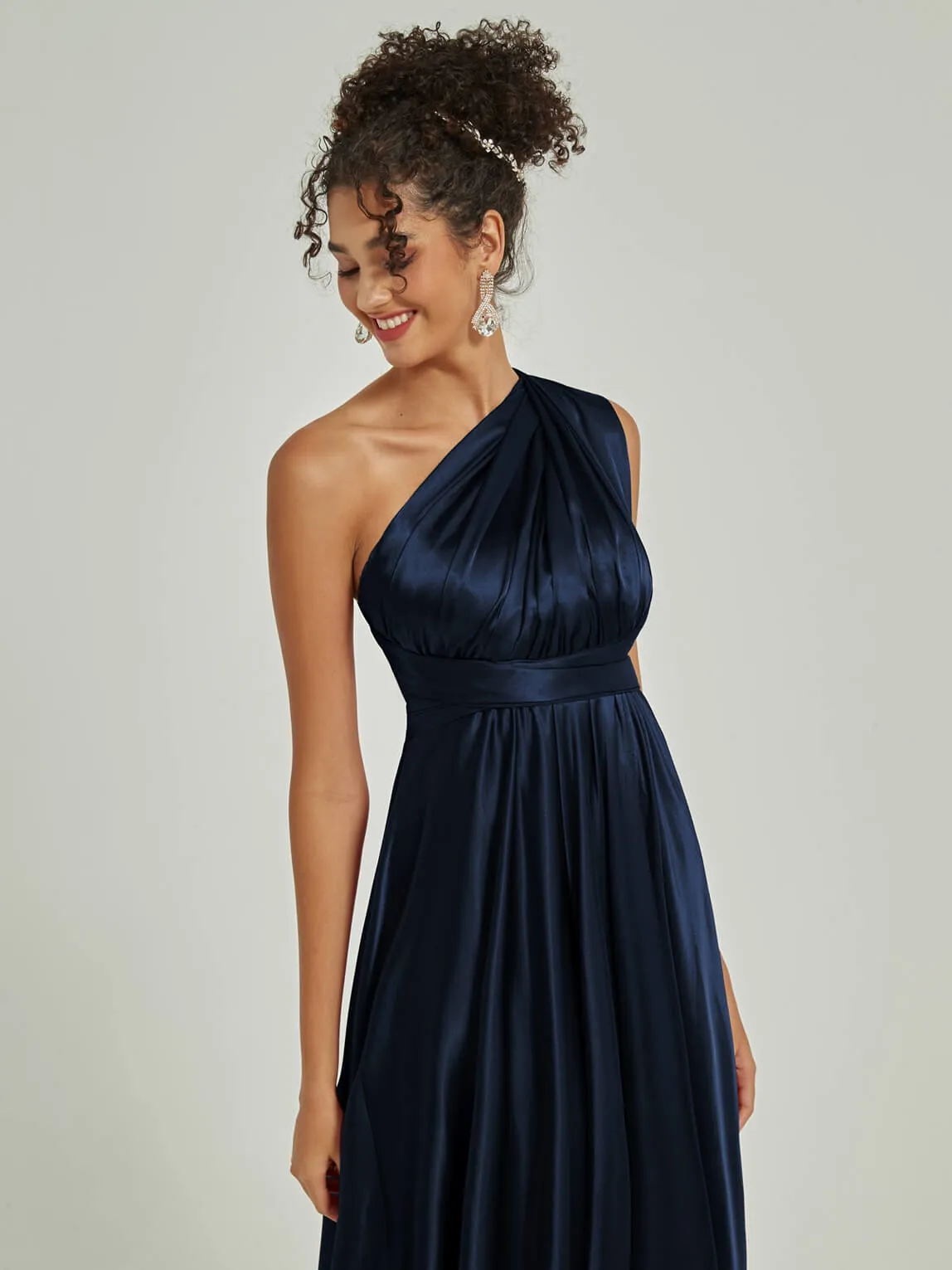 Dark Navy Satin Convertible Bridesmaid Dress Multi Ways Wrap A-Line Gowns