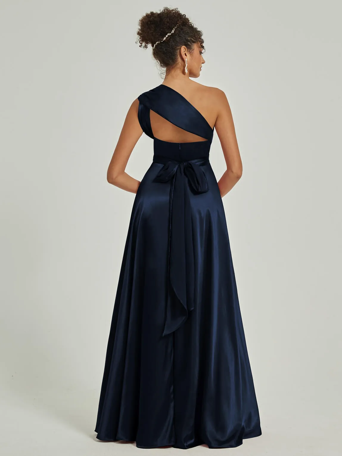 Dark Navy Satin Convertible Bridesmaid Dress Multi Ways Wrap A-Line Gowns