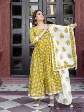 Divena Mustard Cotton Anarkali Kurta Pant Set With Dupatta